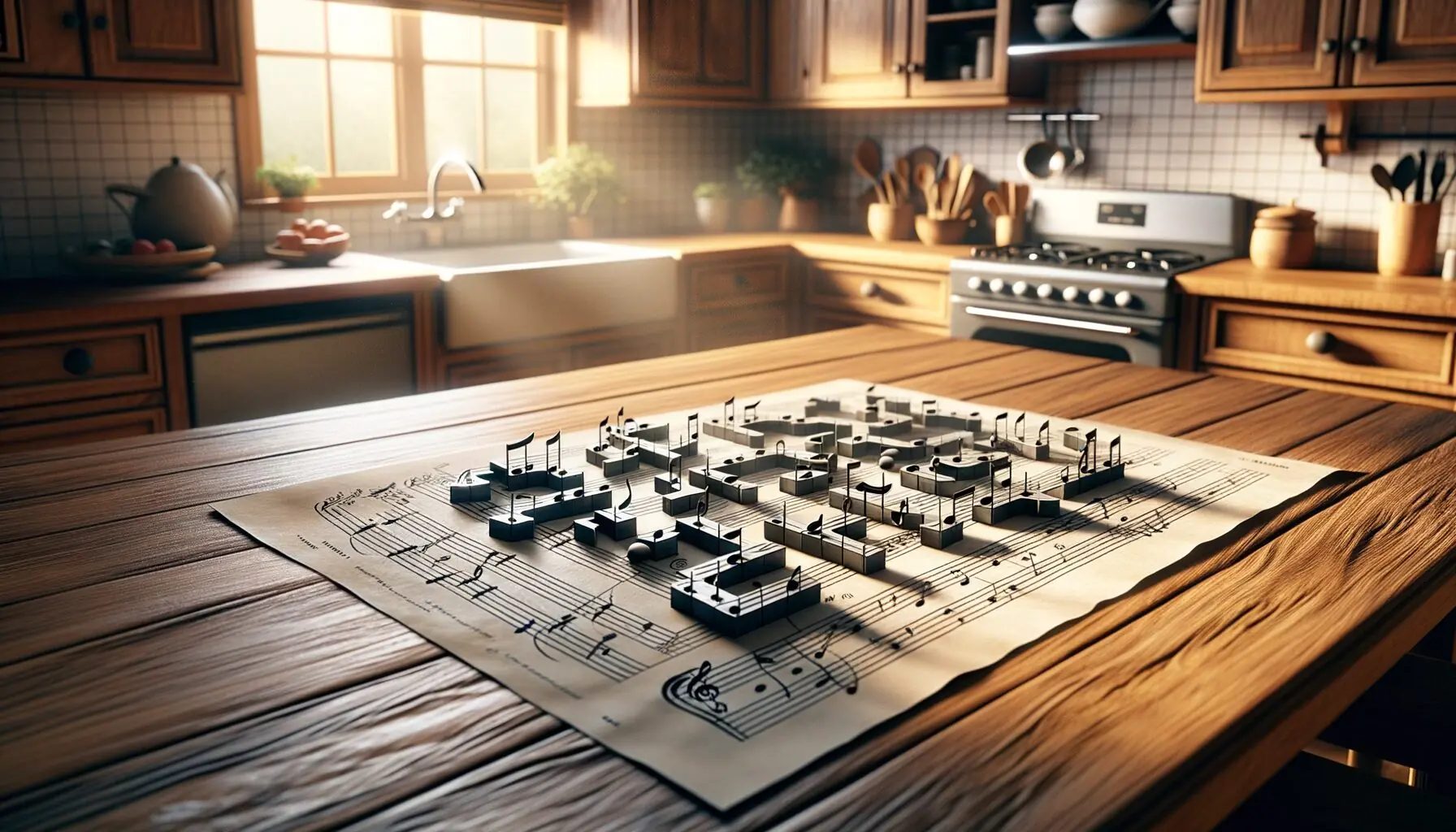 Generate an image illustrating a child's thought process with different musical notes connected like puzzle pieces.