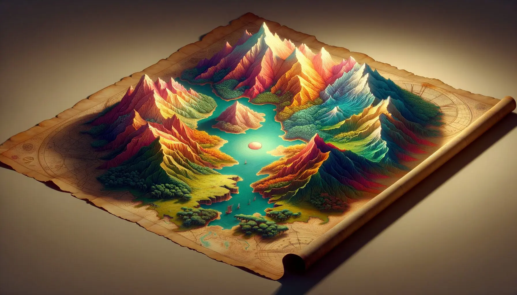 Generate an image of a colorful imagined map on a wide sheet of paper, with whimsical terrains like mountains, lakes, and forests sketched out.