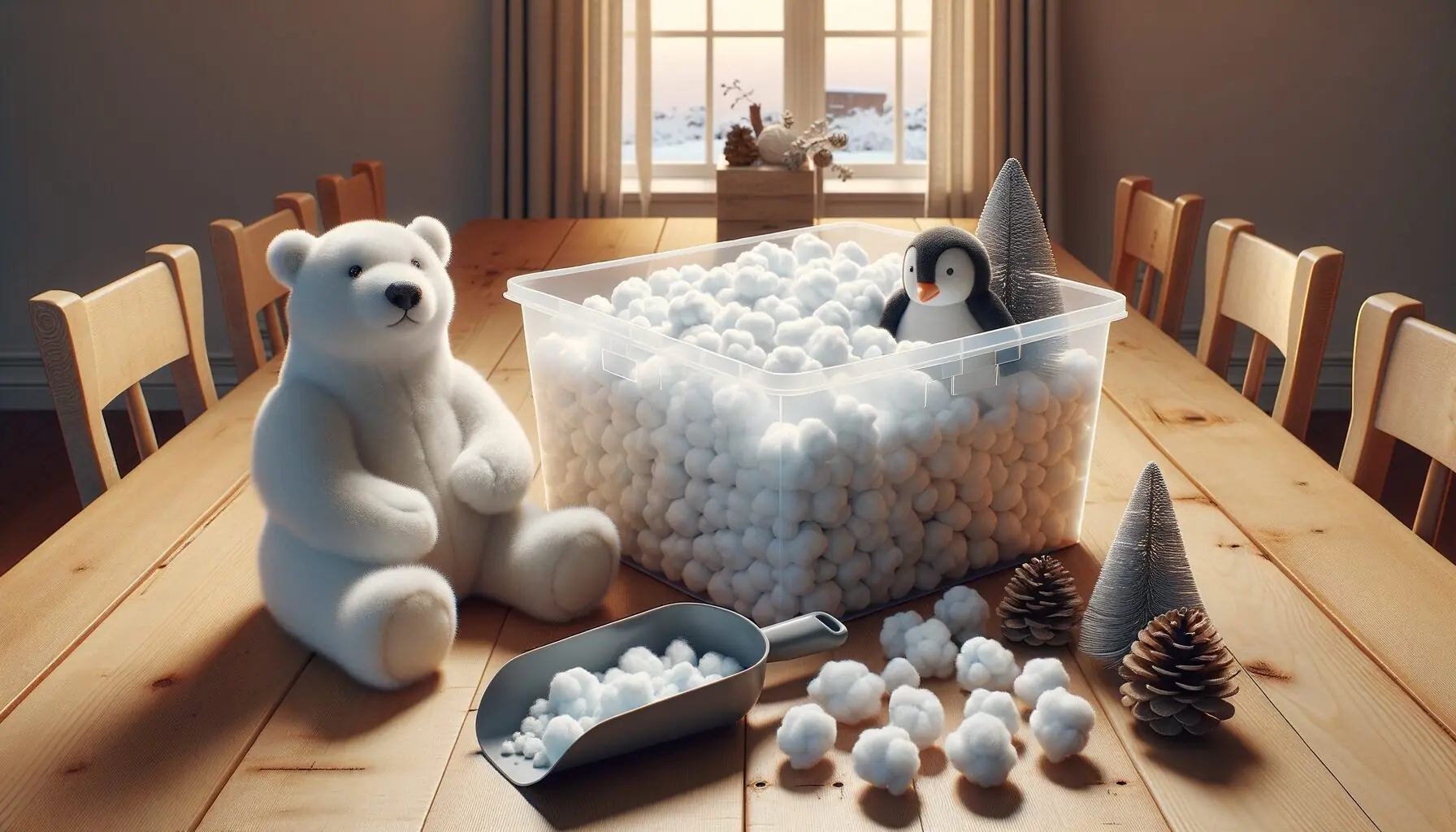 Generate an image showing laid out materials for the sensory bin, including a tub, cotton balls, toy animals, and a scoop.