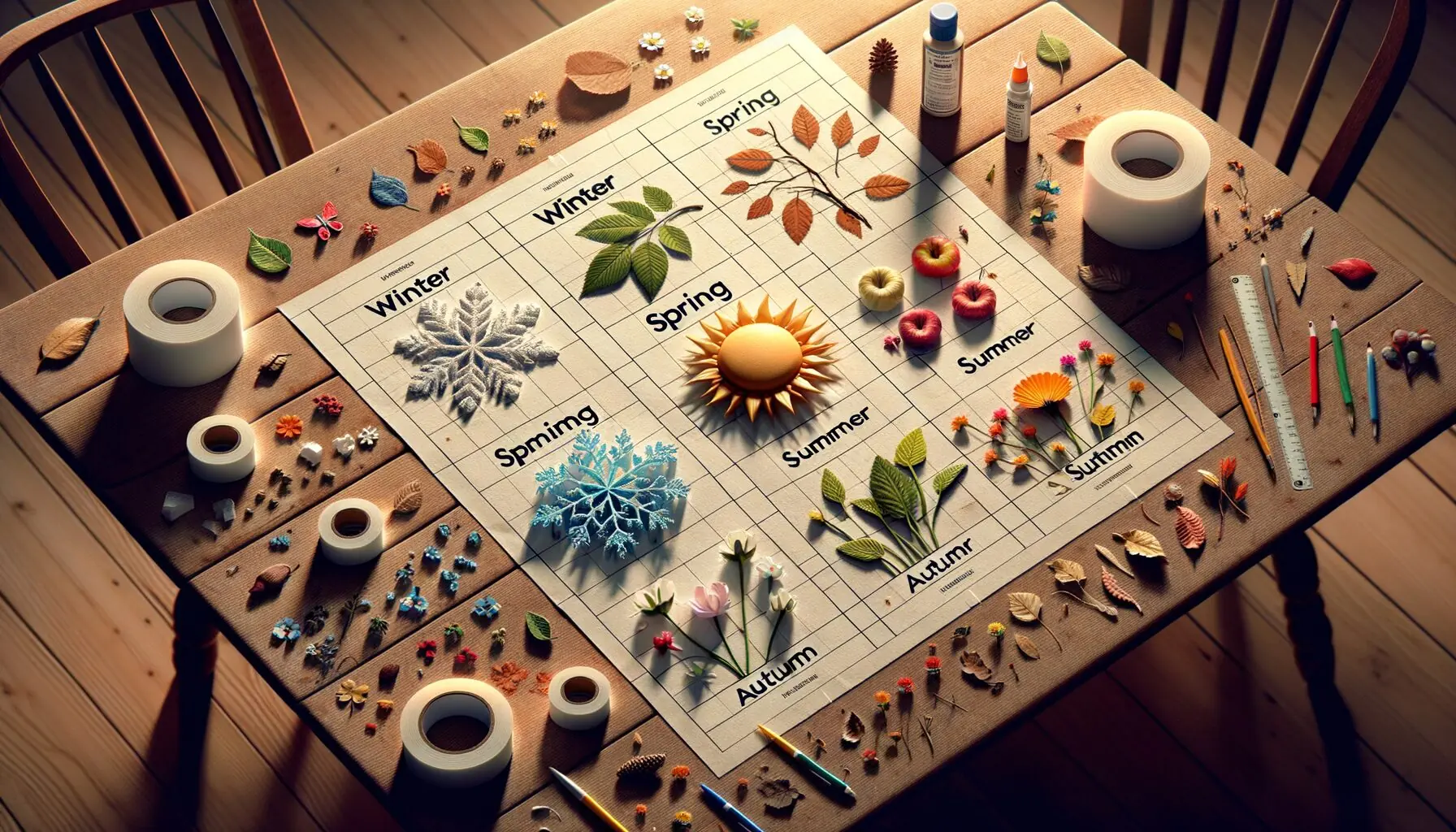 Generate an image of a large sheet of paper divided into four sections labeled Winter, Spring, Summer, and Autumn, with small pictures like snowflakes and flowers around it.