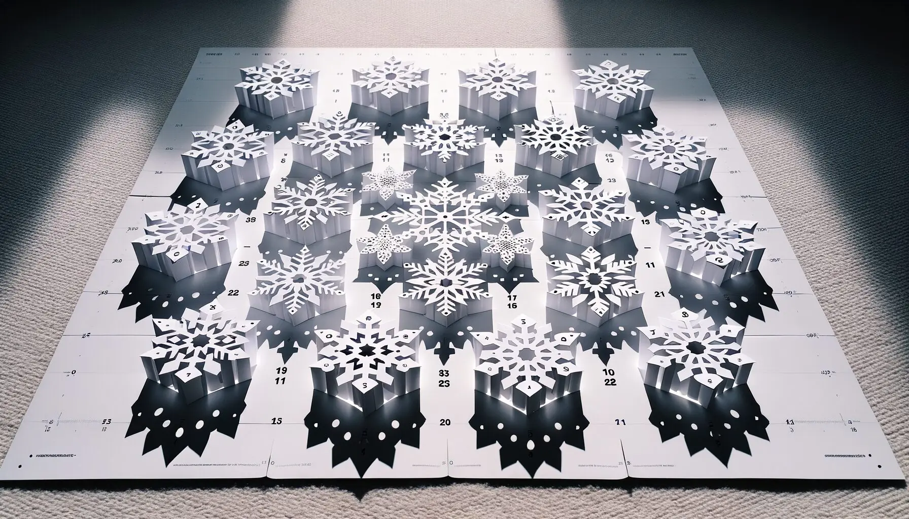 Generate an image showing a neat arrangement of numbered paper snowflakes on a play mat.