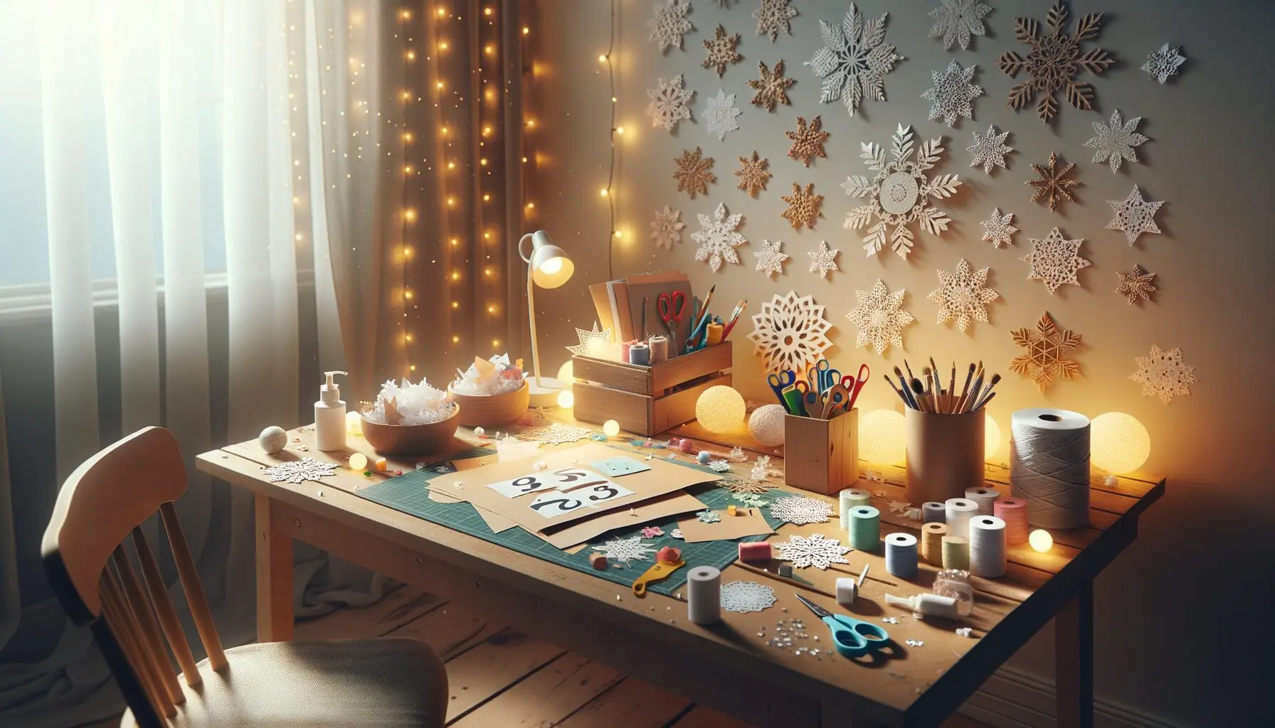Generate an image of a cozy room with fairy lights, a table scattered with craft materials and playful snowflake creations.
