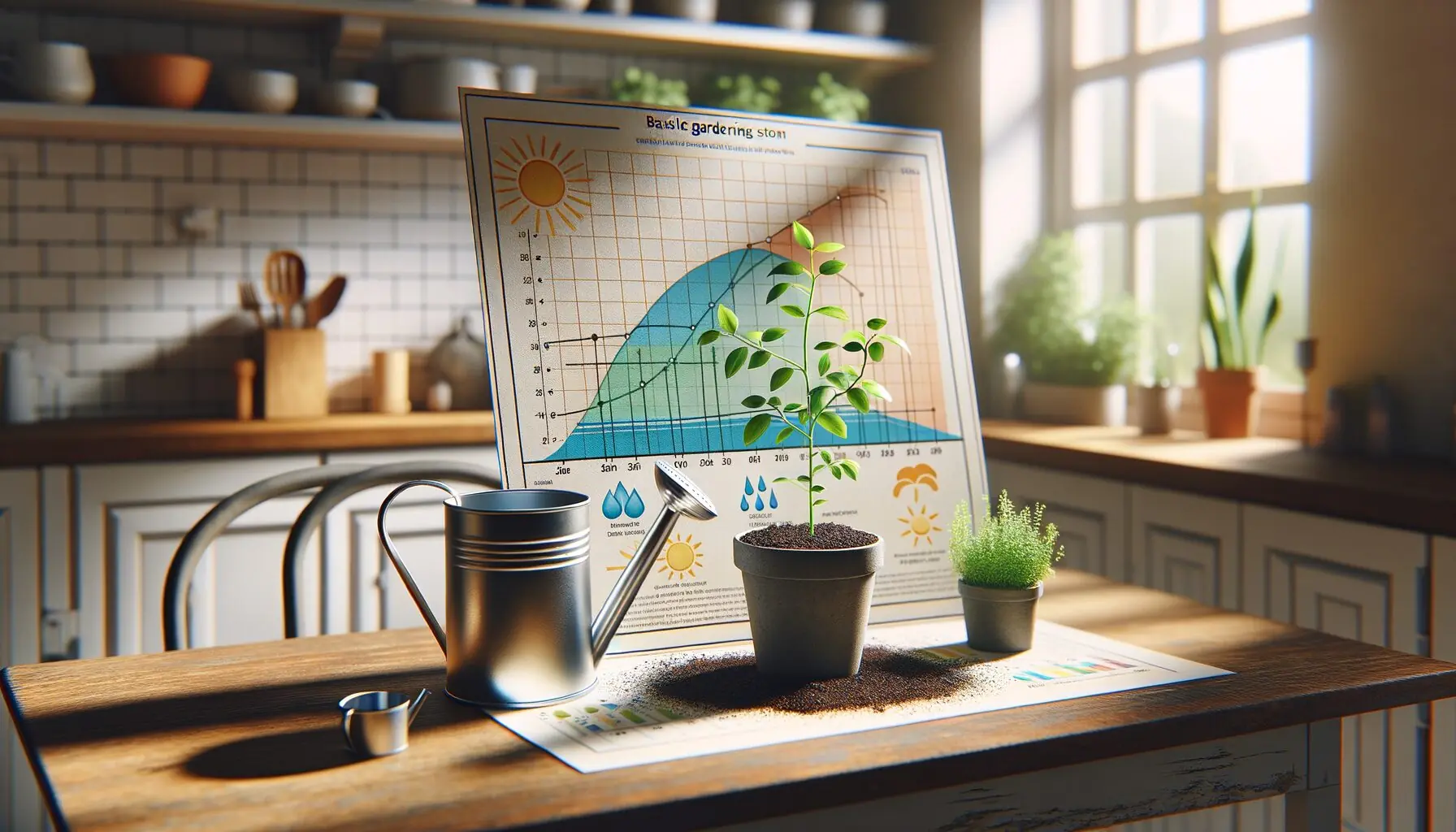 Generate an image of a cheerful illustrated care chart showing sunshine, water droplets, and plant stages.
