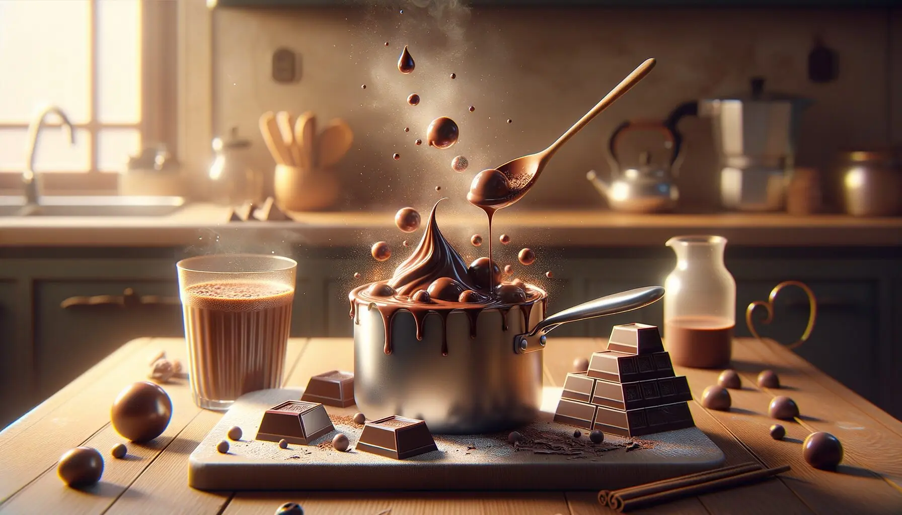 Generate an image of a scientific illustration depicting the transformation of solid chocolate to its liquid form.