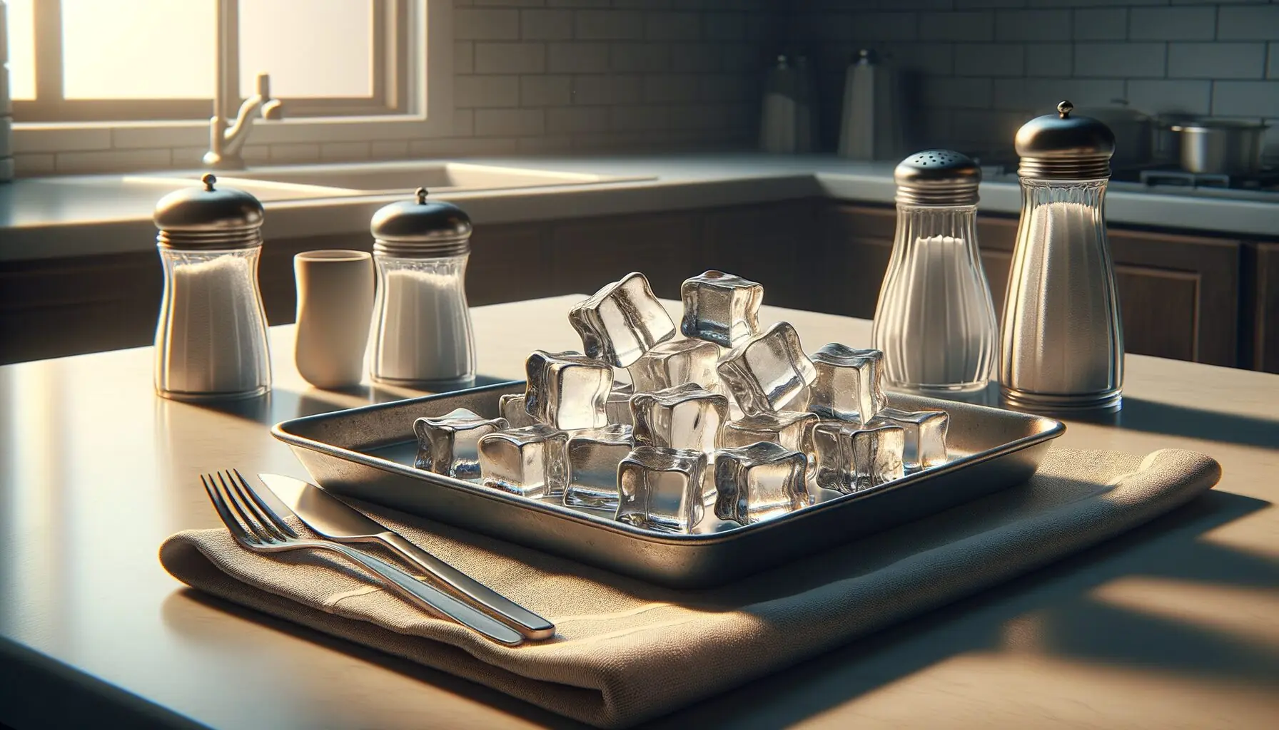Create an image of ice cubes alongside a towel and a salt shaker on a kitchen counter.
