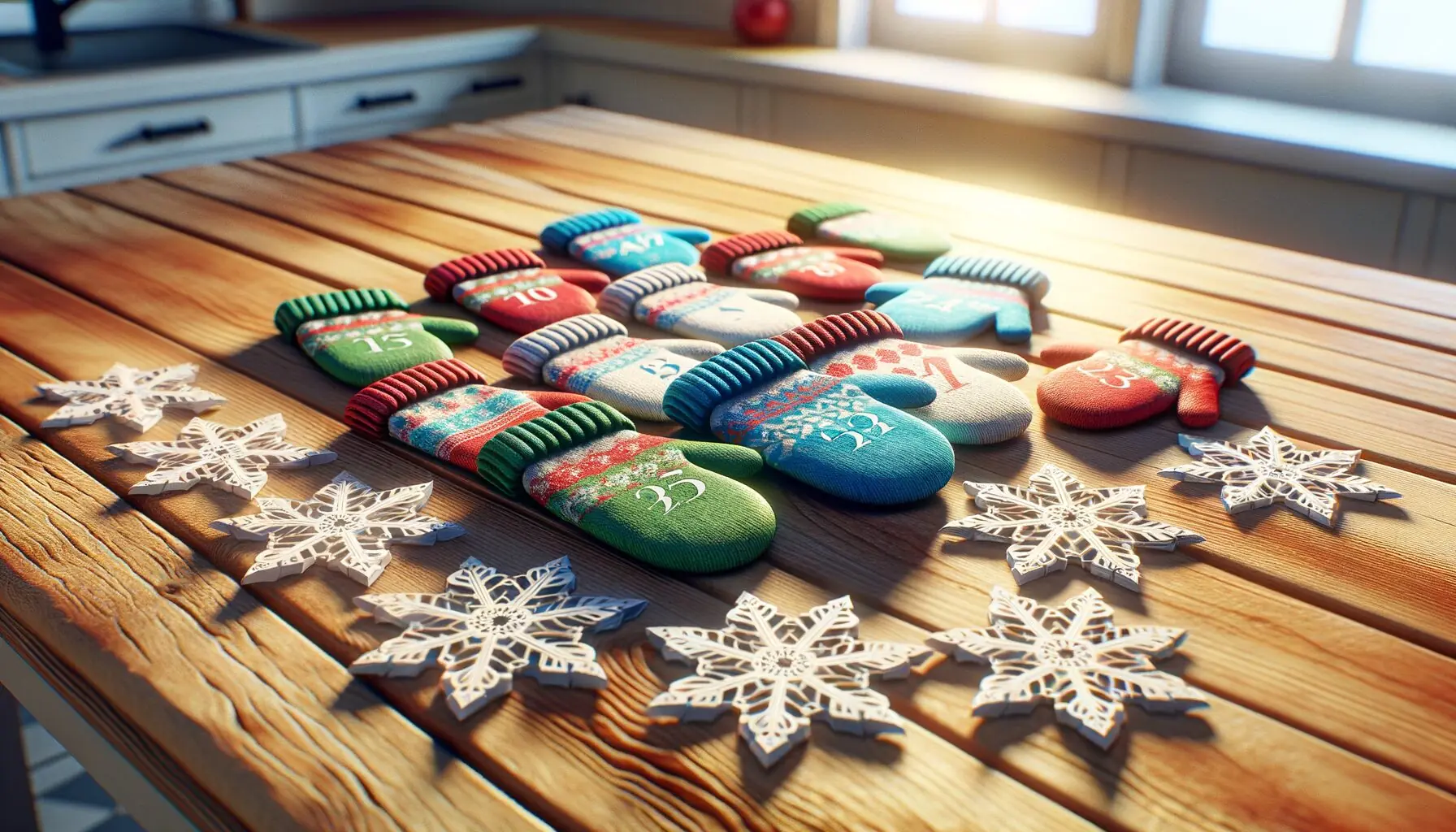 Generate an image of colorful paper mittens and snowflakes scattered on a wooden table.