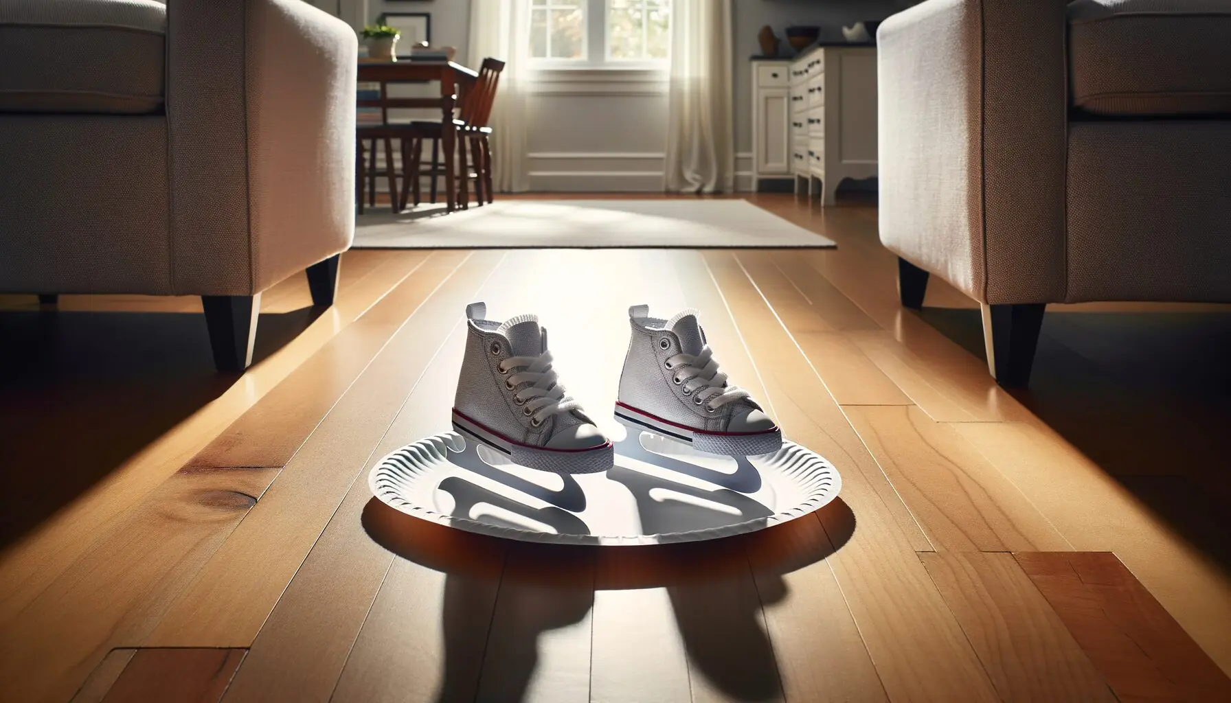 Generate an image of a child’s sneakers on paper plates, gliding on a polished floor.
