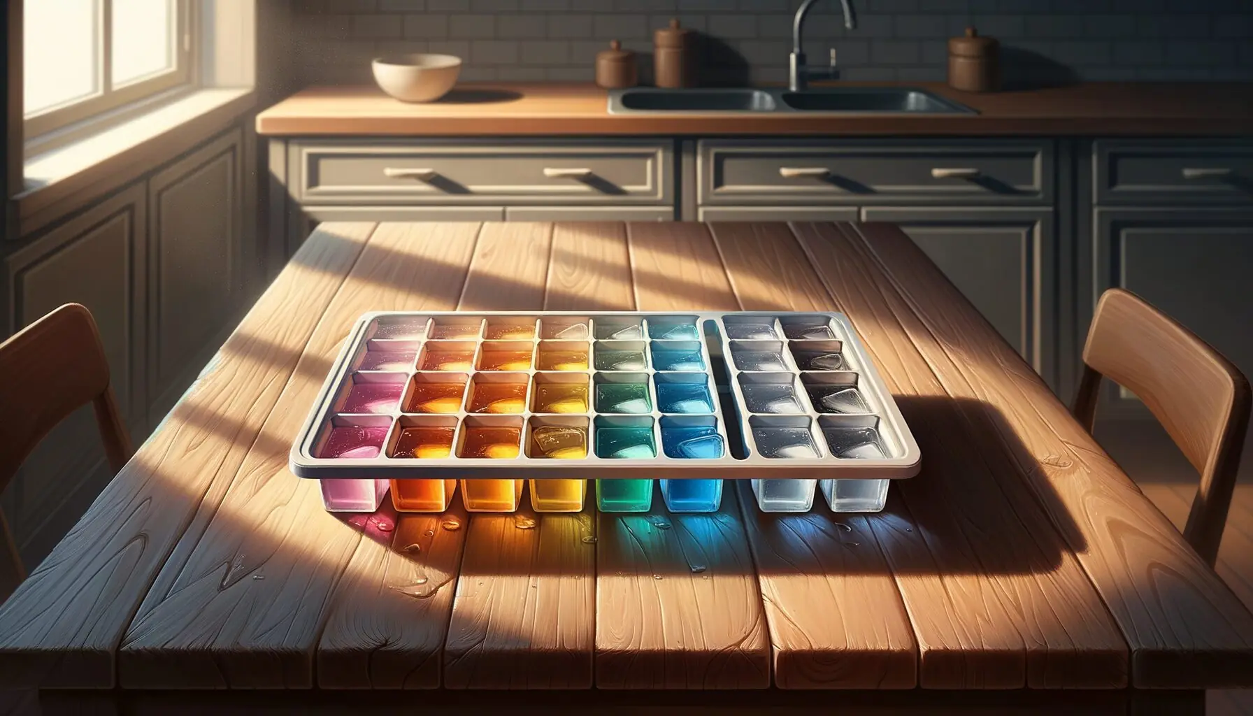 Generate an image of ice cube trays filled with various colors of water.