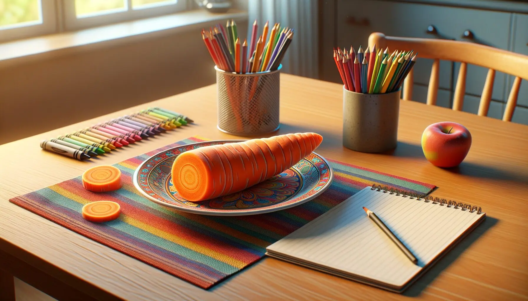 Generate an image of a child's hand reaching for a cut piece of carrot on a colorful plate, with nearby crayons and a notepad.