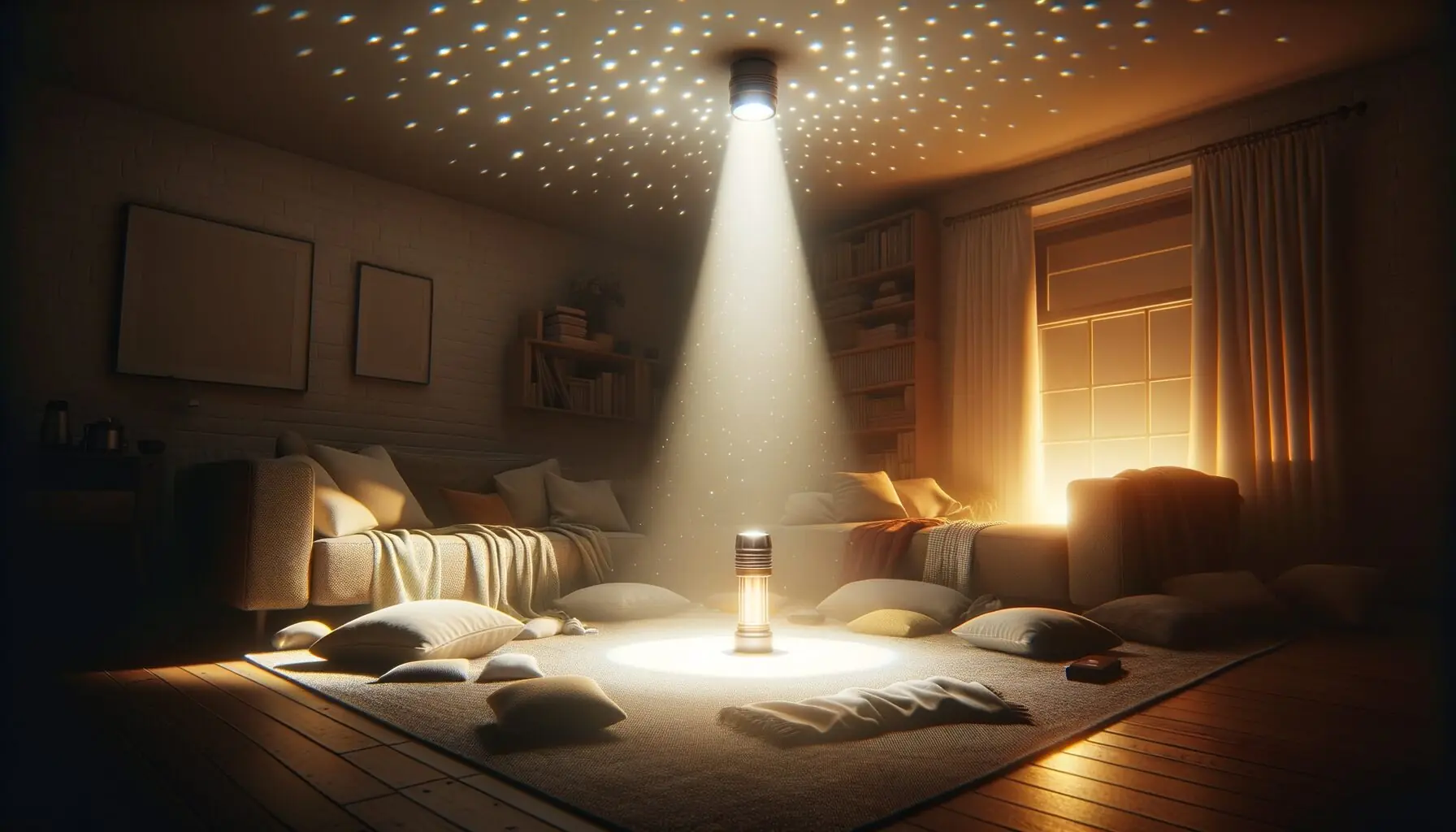 Generate an image of a flashlight casting light onto a ceiling, creating the illusion of stars in a dimly lit room.