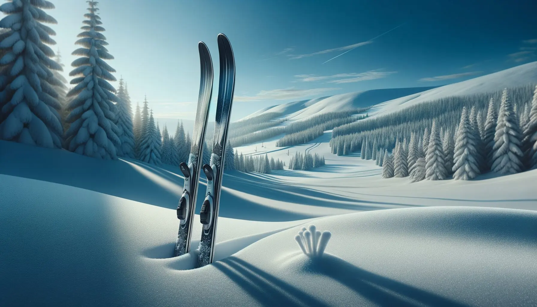Generate an image of cross country skis leaning against a snowy hill with a bright, clear sky.