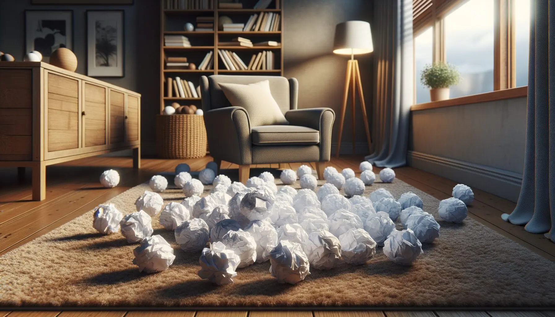 Generate an image of a family laughing together in a cozy room surrounded by paper snowballs.