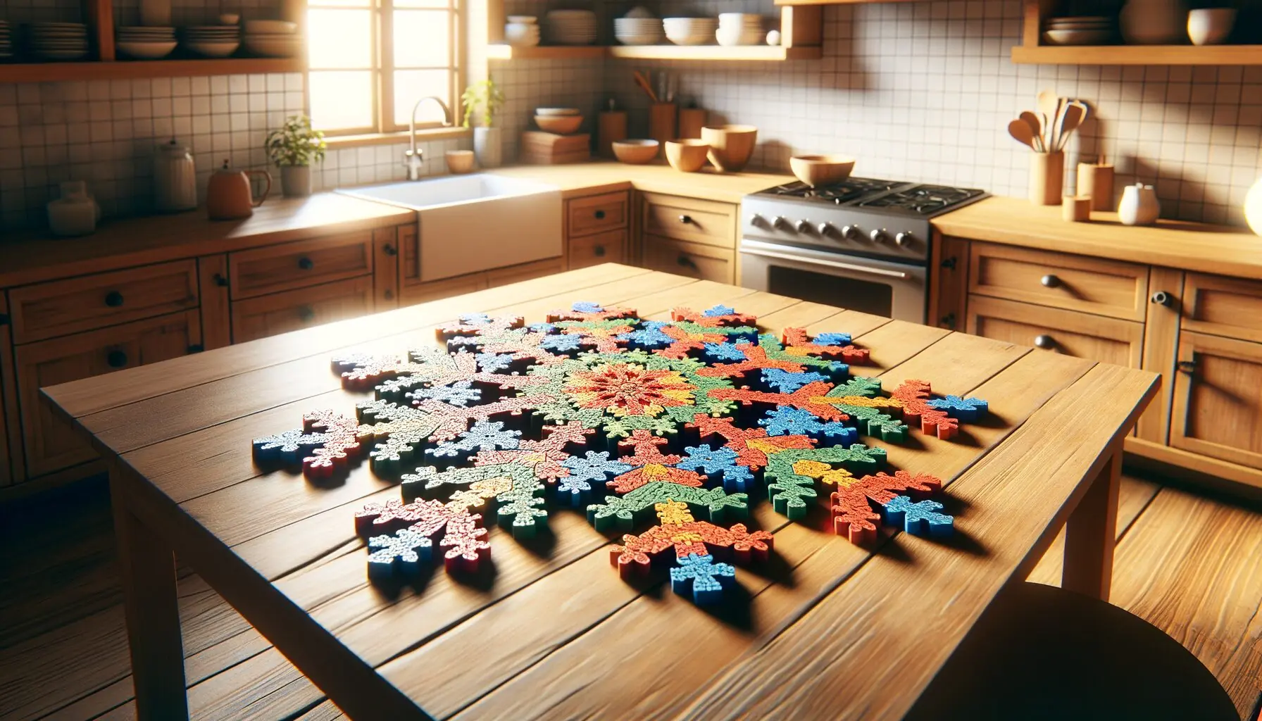 Generate an image of colorful puzzle pieces pieced together to form a snowflake on a wooden table.