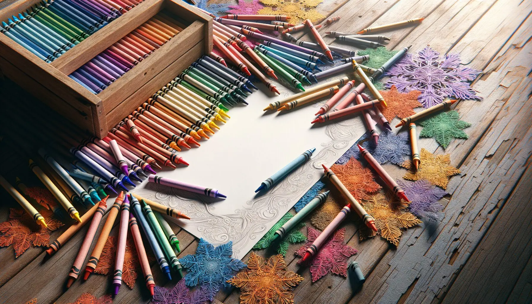 Generate an image of a child drawing framed by snowflakes, showcasing crayons and paper scattered on a table.