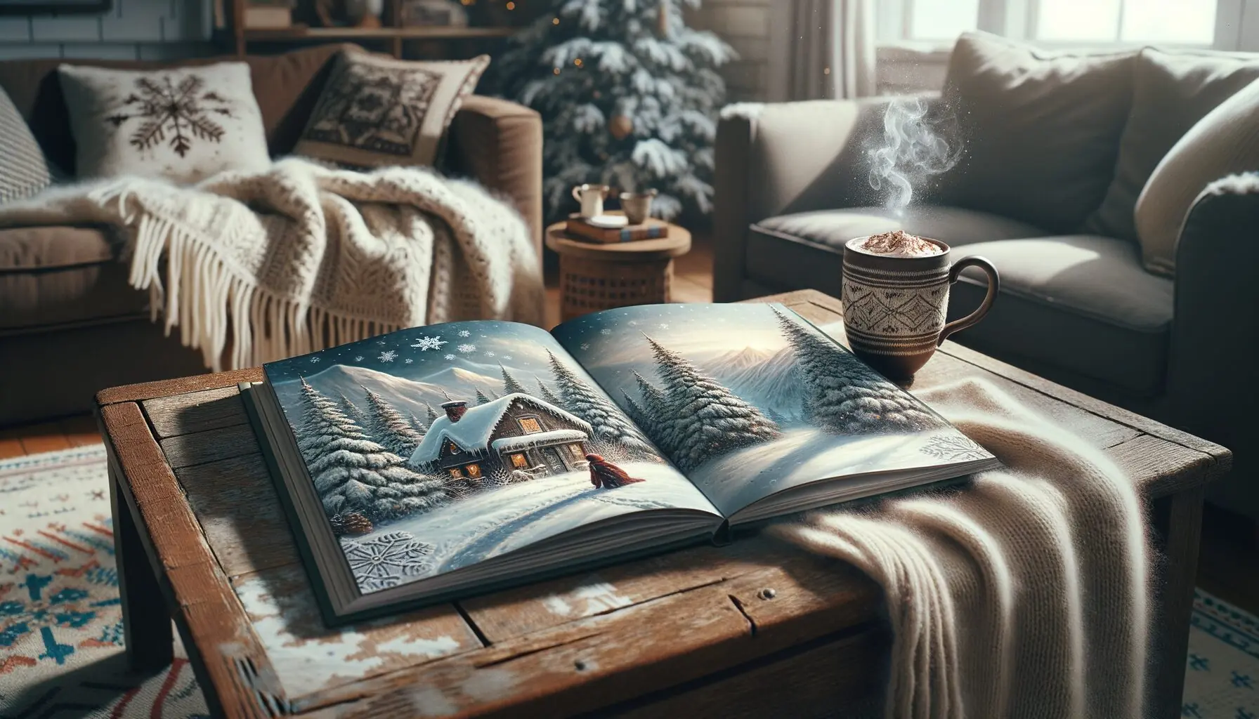 Generate an image of a storybook open on a table beside a steaming mug of hot chocolate.