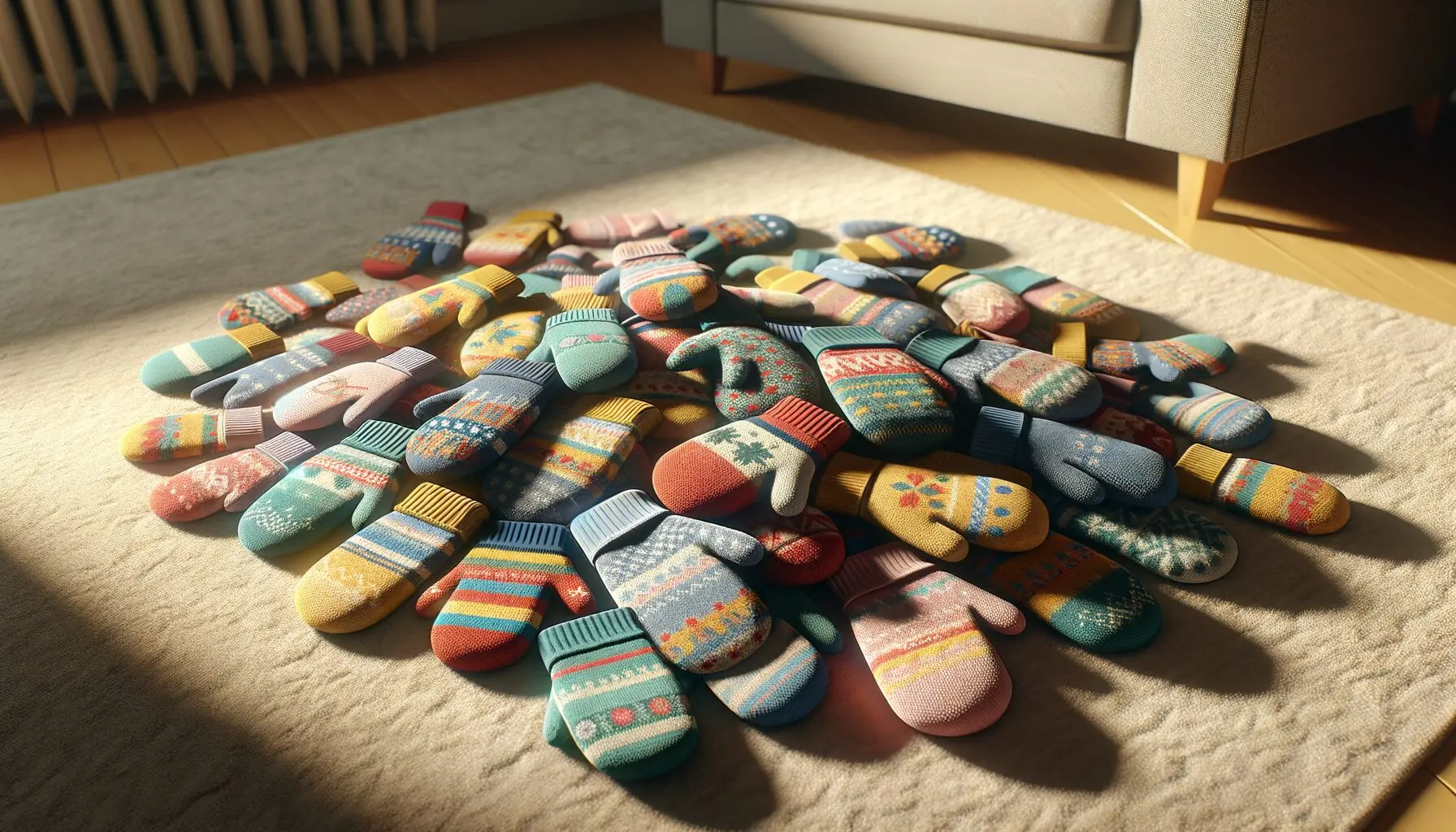 Generate an image of a cozy collection of colorful mittens piled on a soft, beige carpet.