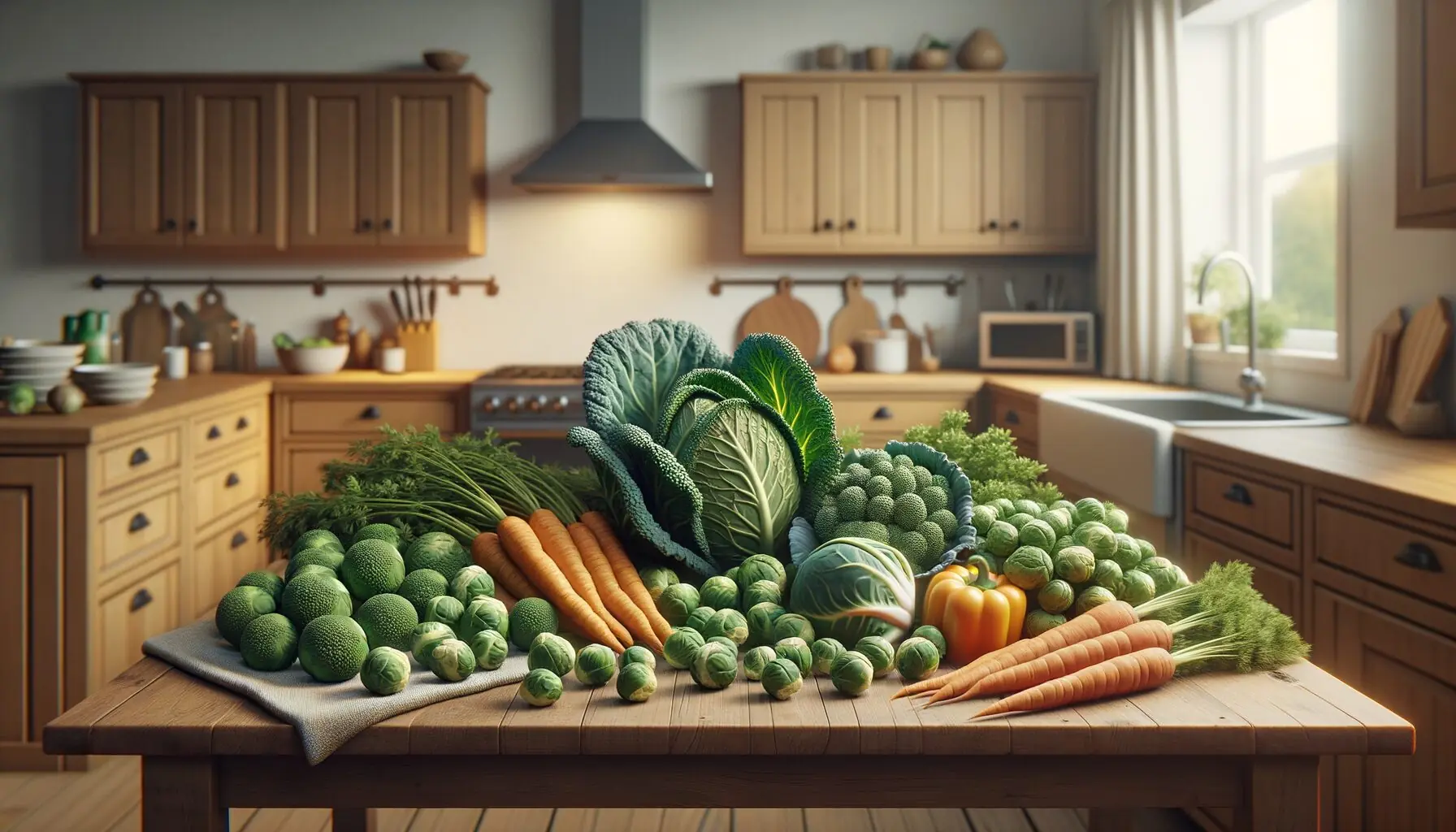 Generate an image of a selection of winter vegetables, including kale, Brussels sprouts, and carrots, displayed on a wooden kitchen table.