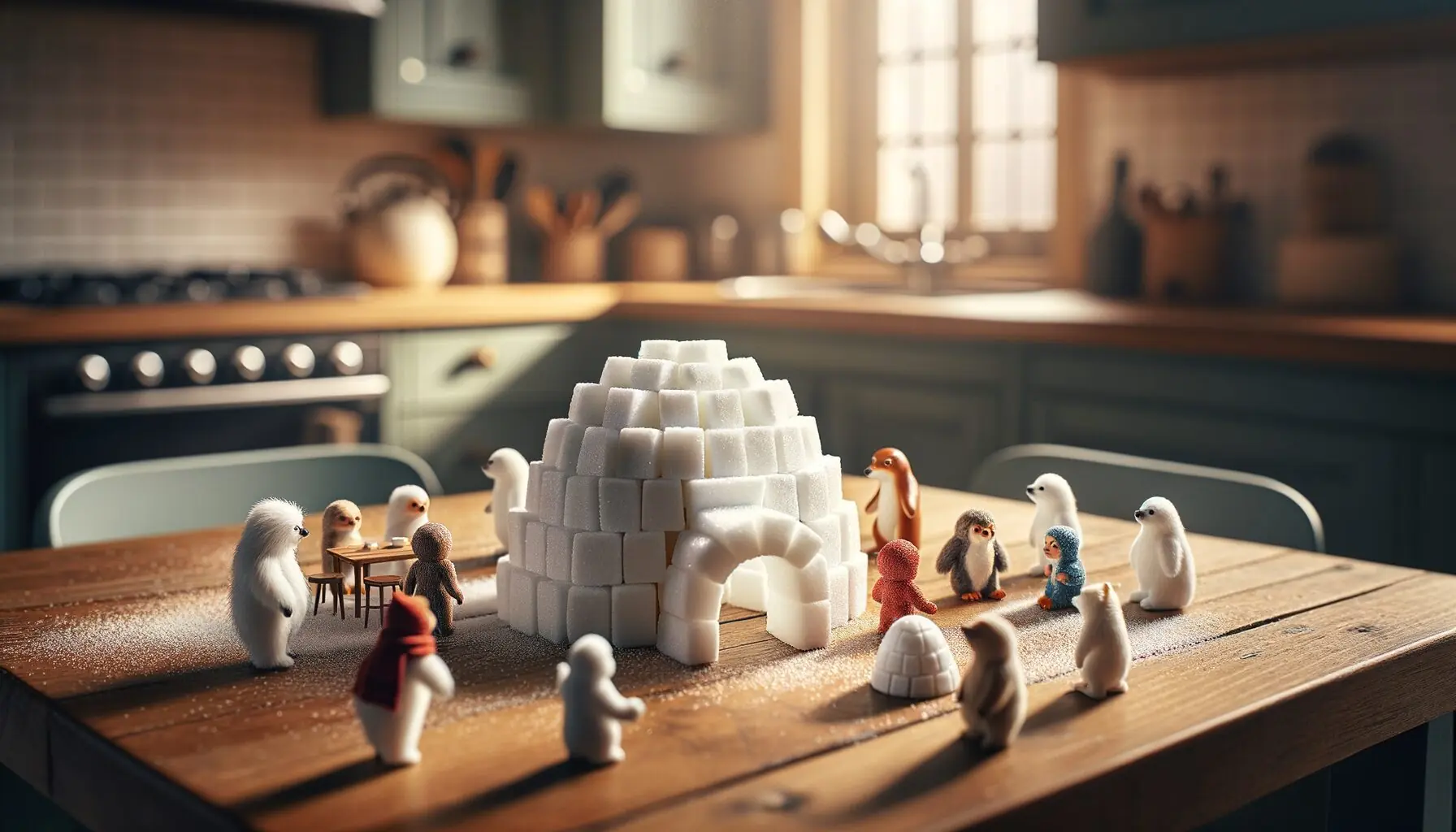 Generate an image of playful toy figures surrounding a completed sugar cube igloo.