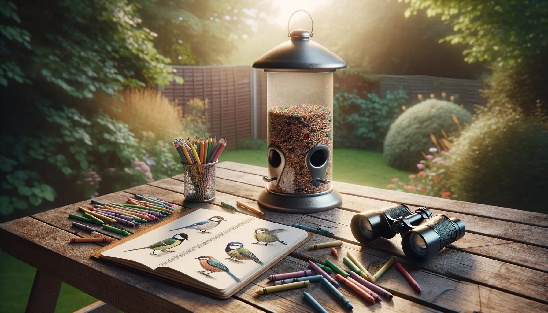 Generate an image of a child sketching birds in a notebook with colorful crayons, with a bird feeder in the background.