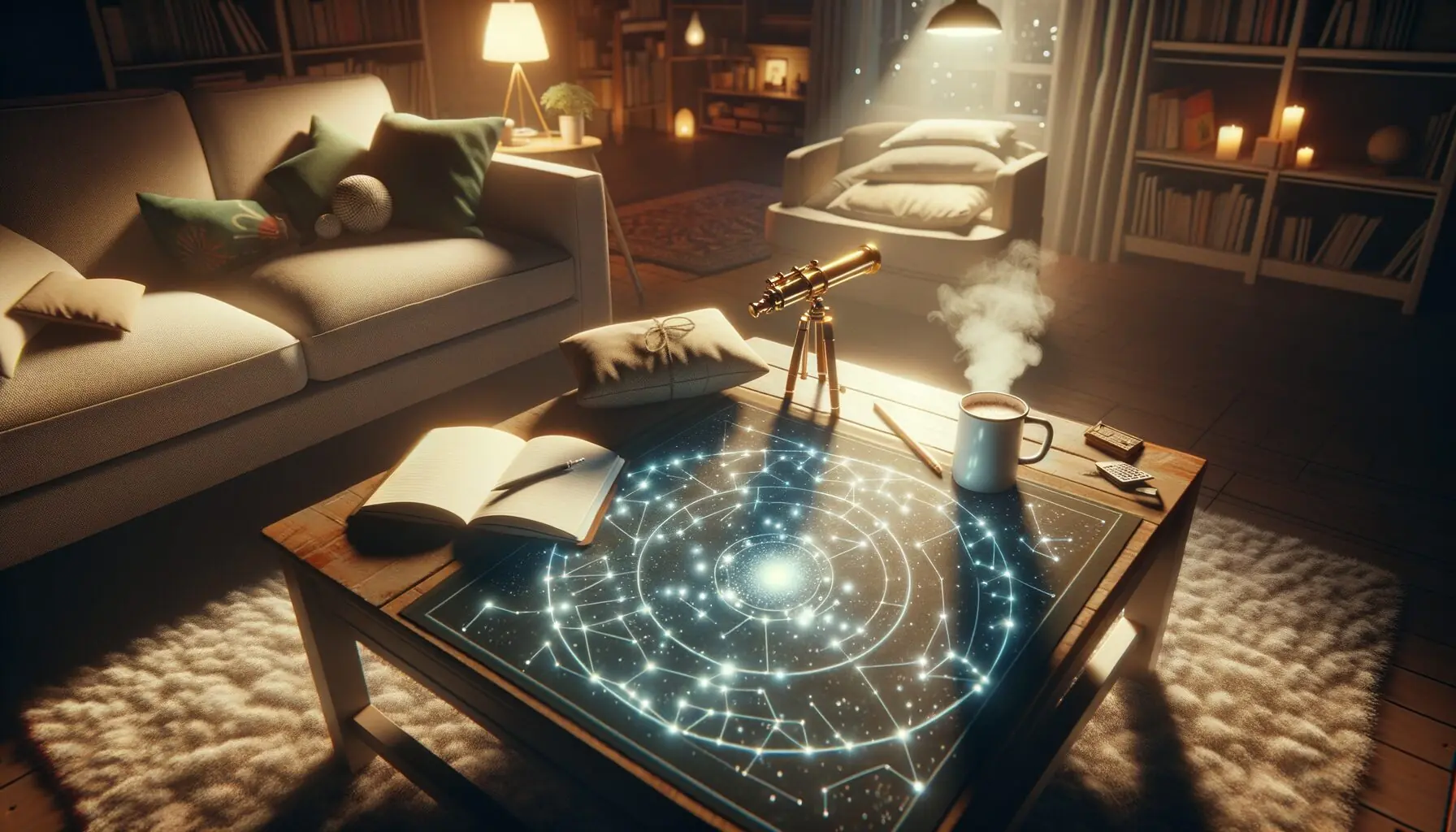 Generate an image of a family sitting together under a night sky, surrounded by stars and a glowing constellation map.