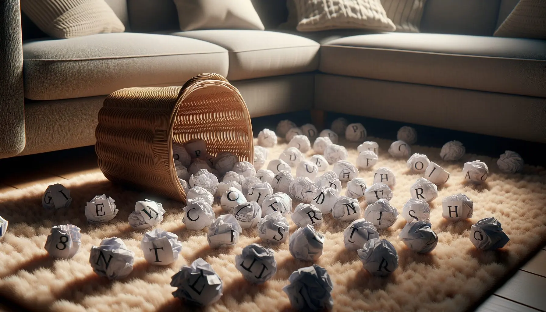 Generate an image of a child picking up letter snowballs with a basket nearby.