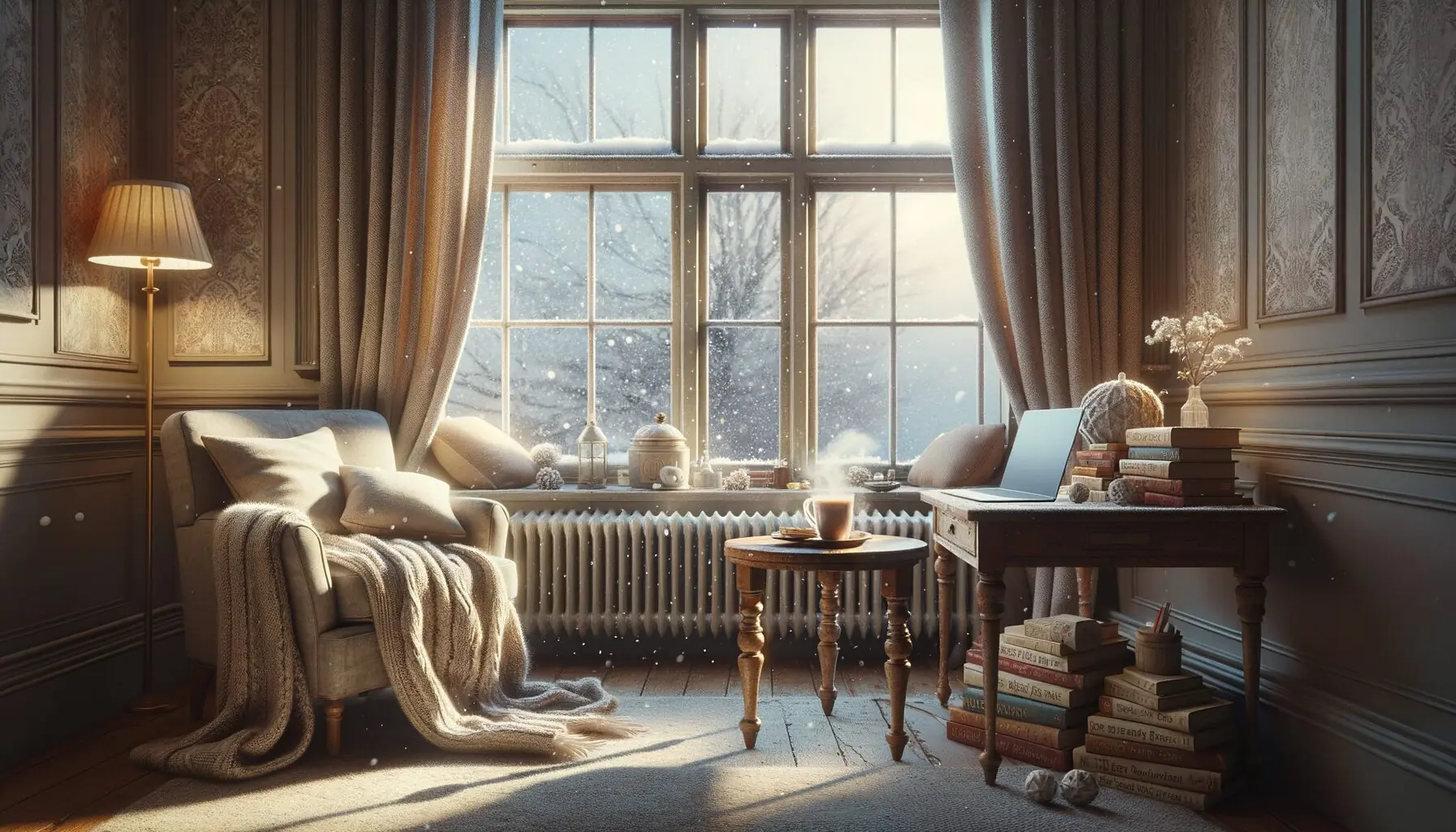 Generate an image of a cozy room with snow falling gently outside the window, showcasing a warm atmosphere.