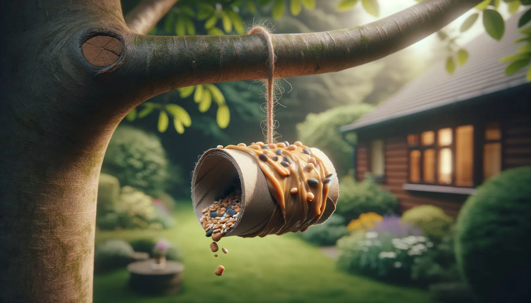 Generate an image of a homemade bird feeder made from a toilet paper roll, coated in seeds, and hung on a tree branch.