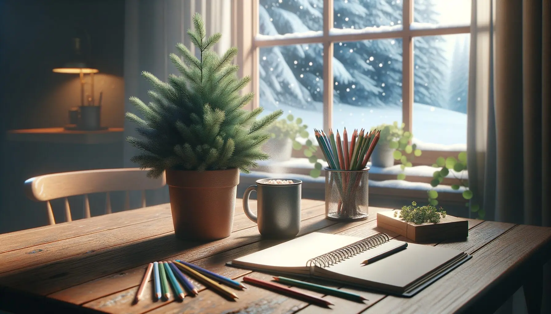 Generate an image of a cozy family sharing hot cocoa next to a window with winter scenery outside.