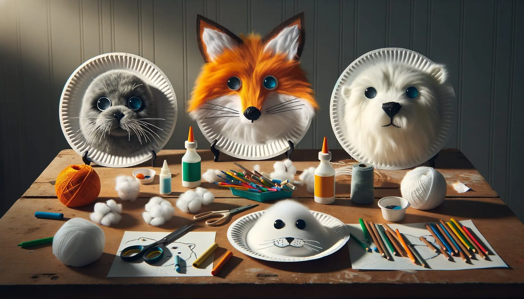 Create an illustration of partially decorated paper plates resembling Arctic animals with felt and string.