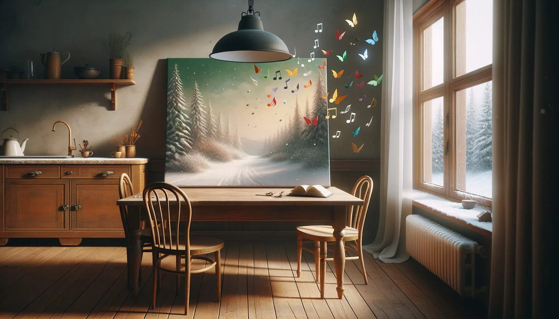 Generate an image of a snowy landscape with musical notes swirling in the air.