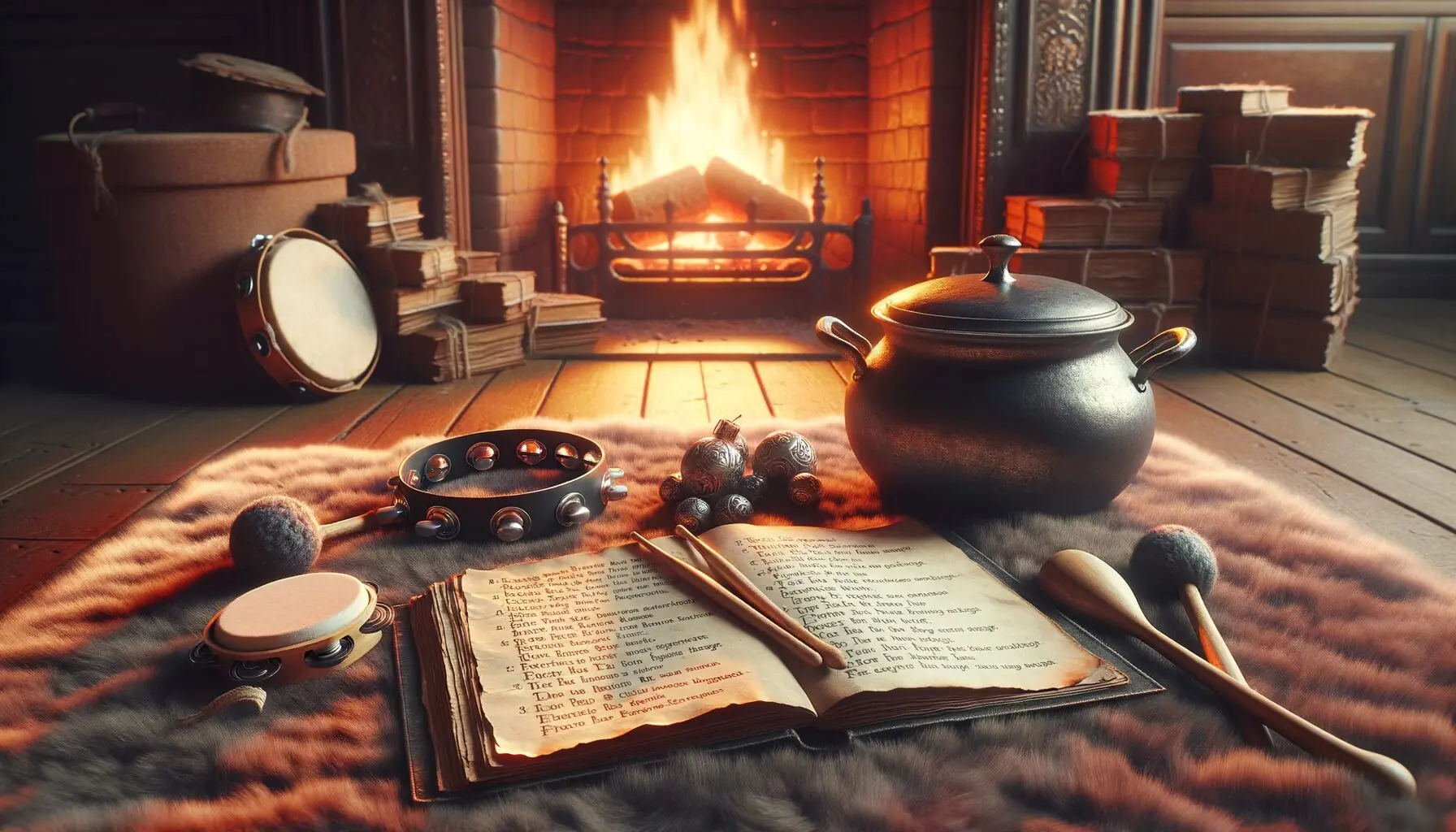 Generate an image of a cozy indoor setting with whimsical, colorful musical instruments.