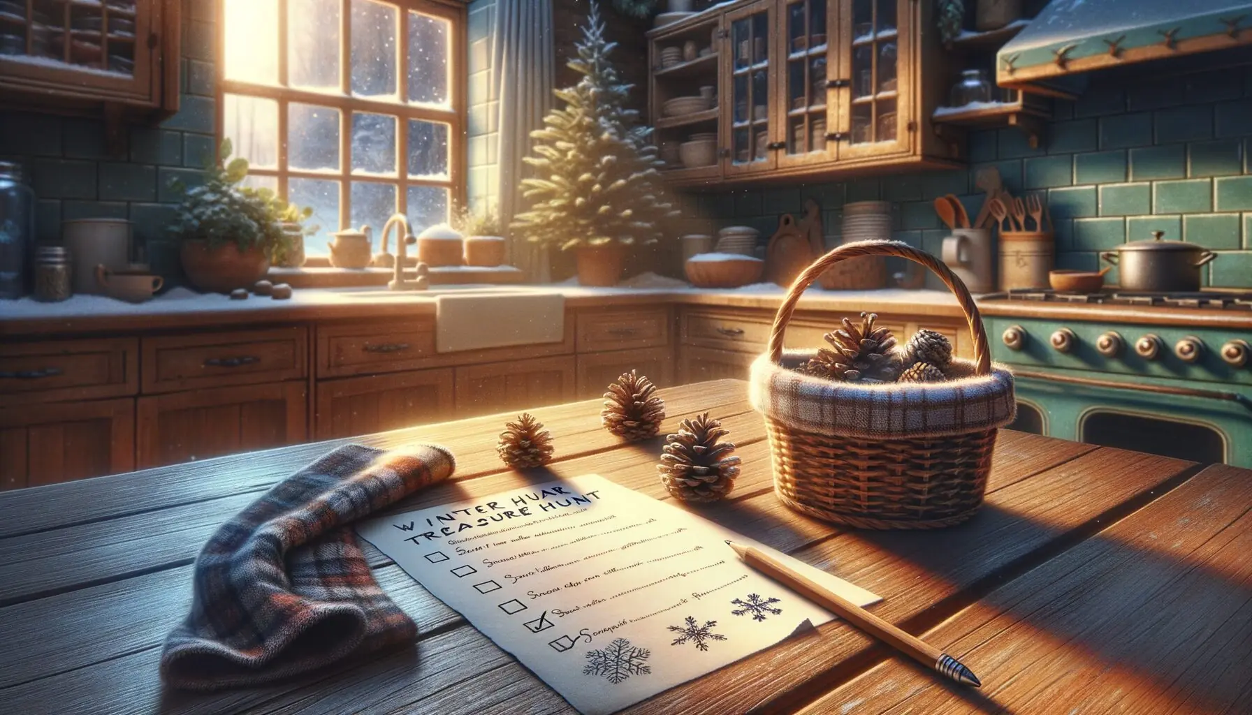 Generate an image of a treasure hunt checklist next to a small child-sized basket with pinecones and winter items.