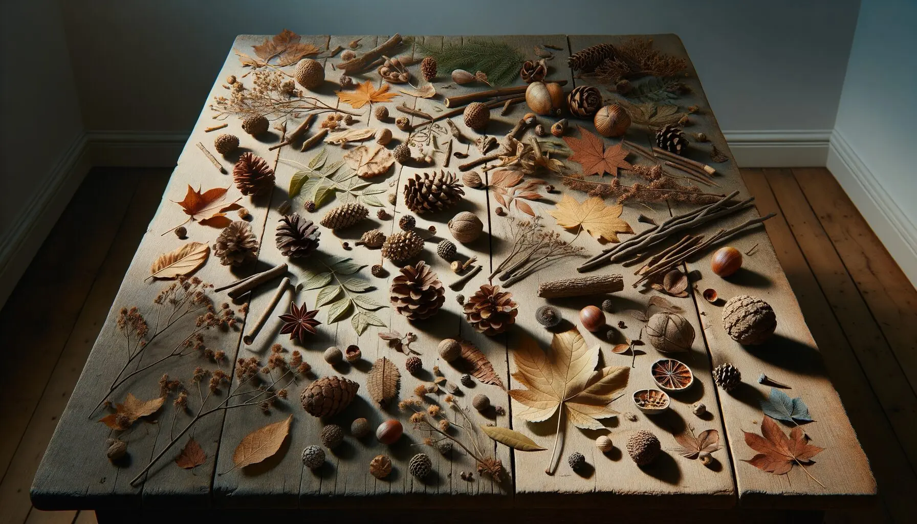 Generate an image of assorted natural treasures like leaves and pinecones spread out on a table.