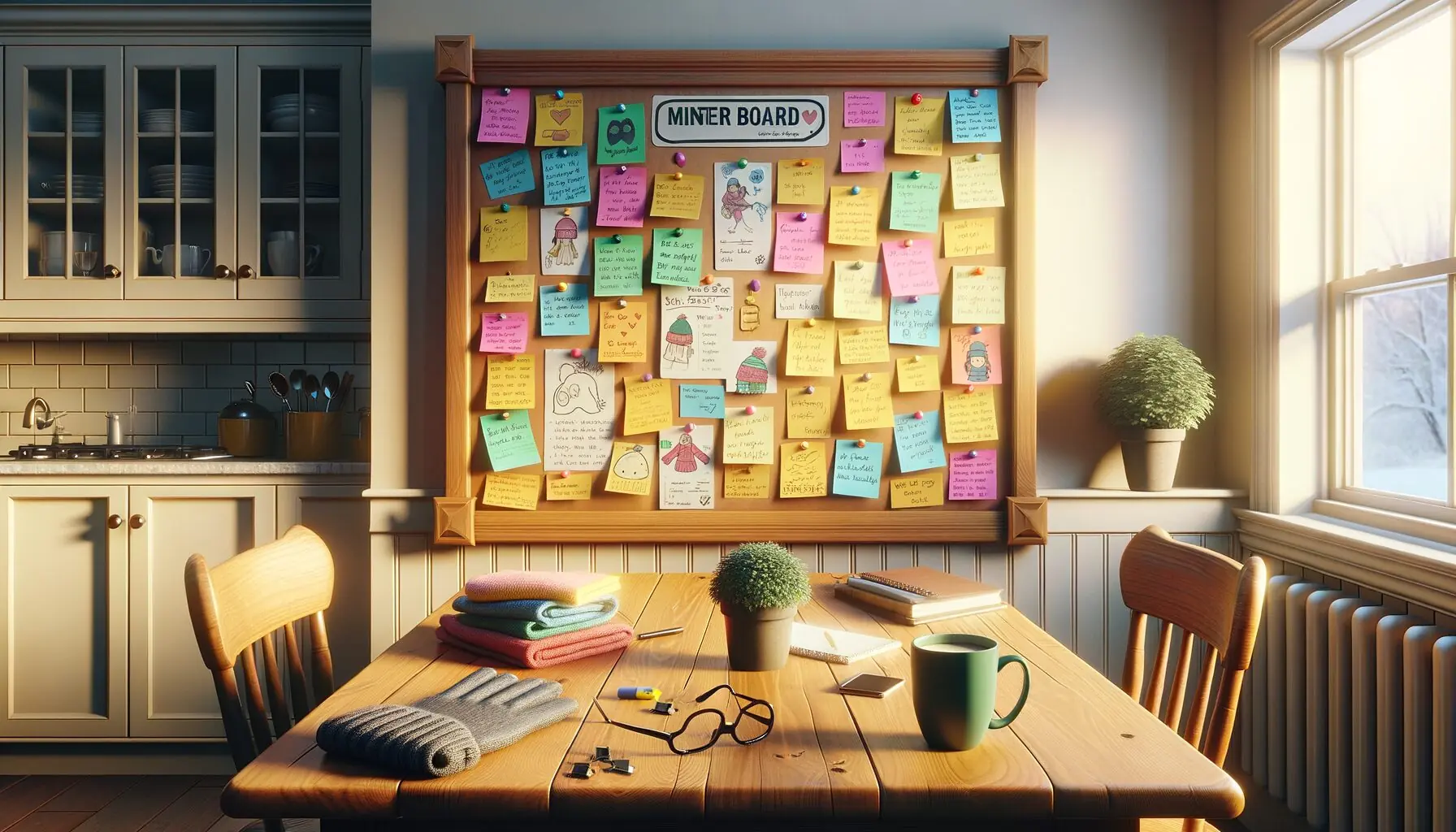 Generate an image of a family-friendly message board with colorful notes and doodles about winter activities.