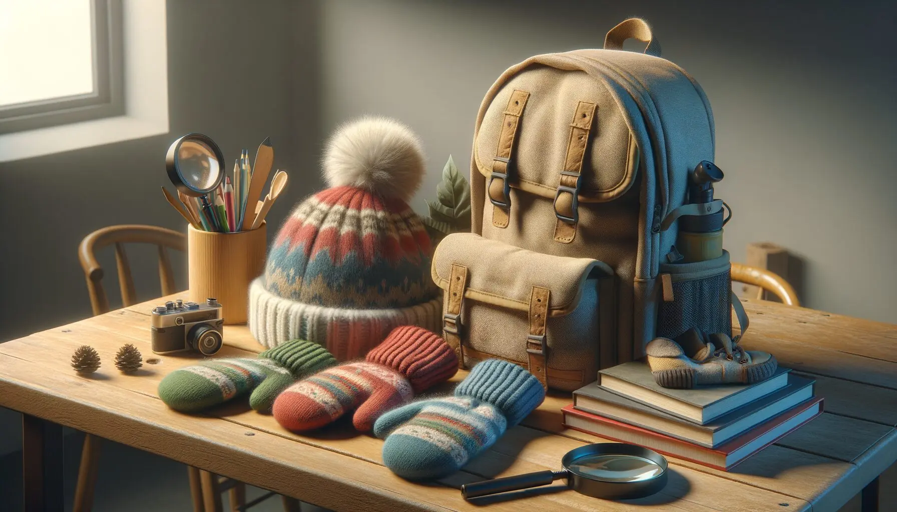 Generate an image of two parents chatting outdoors while children in winter gear play nearby.