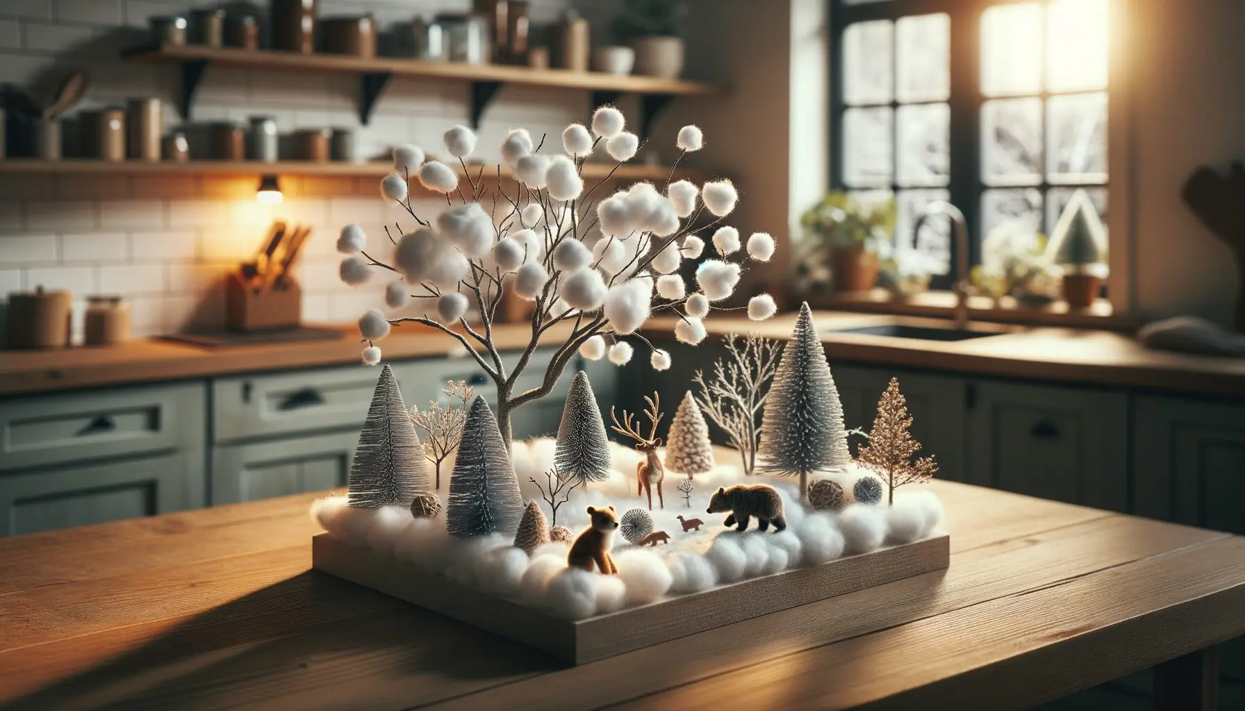 Generate an image of a finished winter diorama with a blend of natural and creative elements like snow and trees.