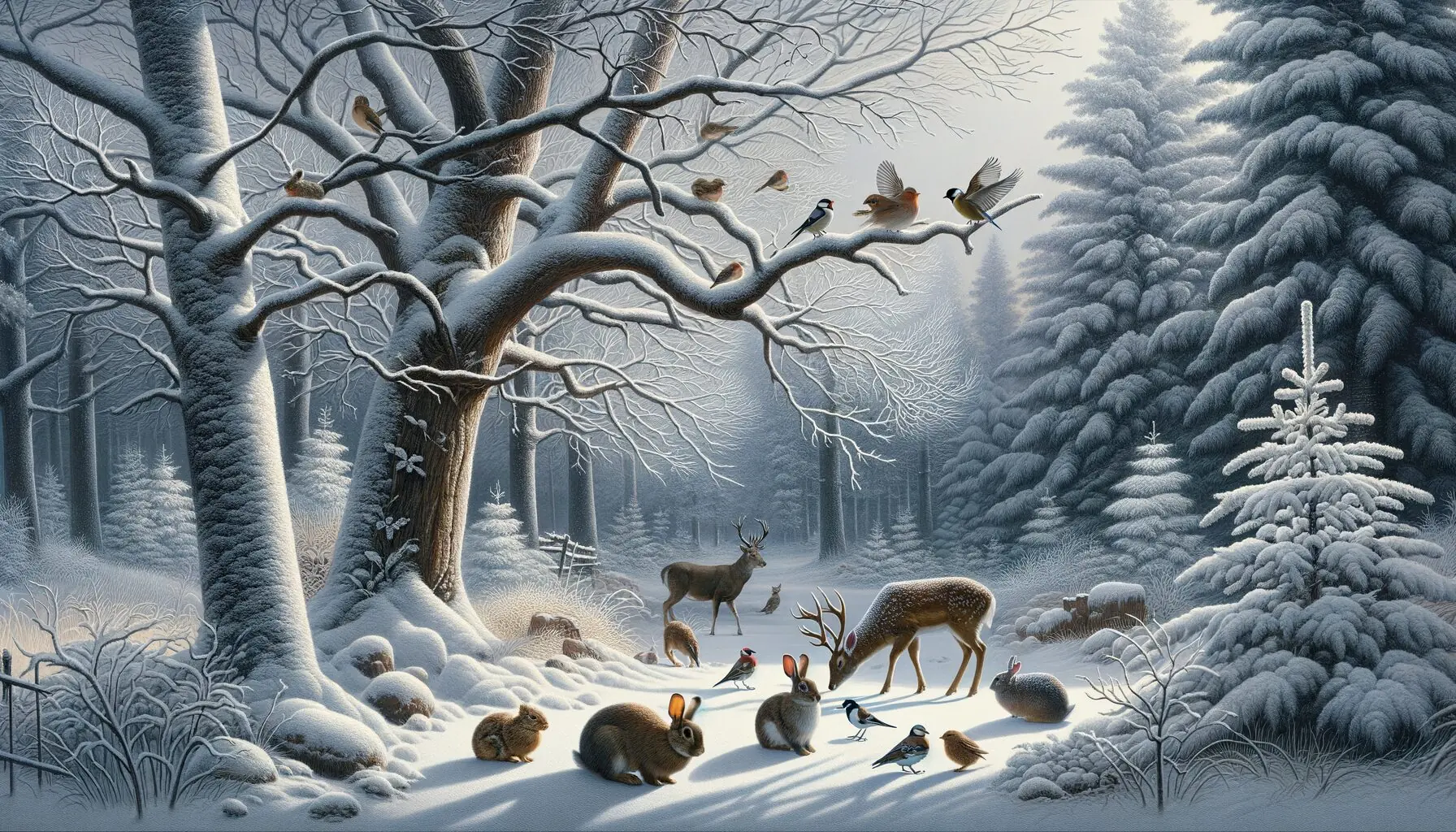 Generate an image depicting a snowy landscape with a whimsical forest scene, showing charming woodland creatures.