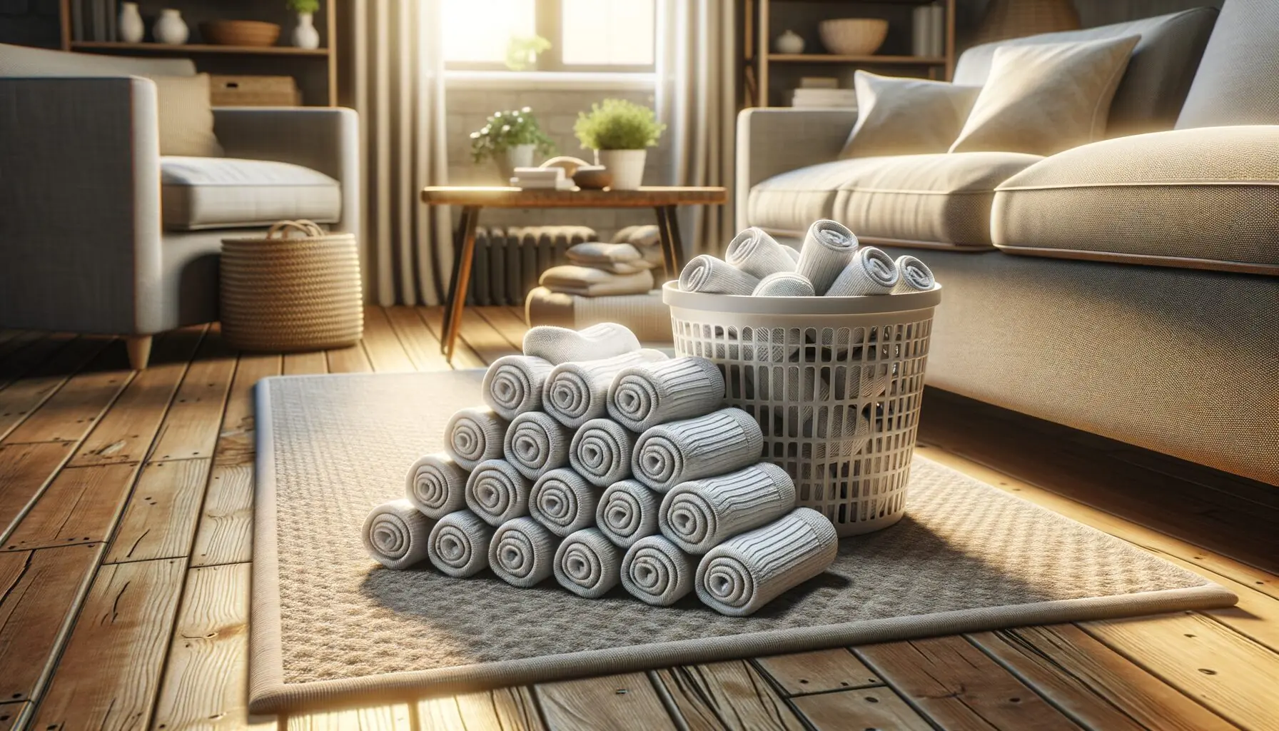 Generate an image of a collection of rolled white socks beside a laundry basket in a play area.