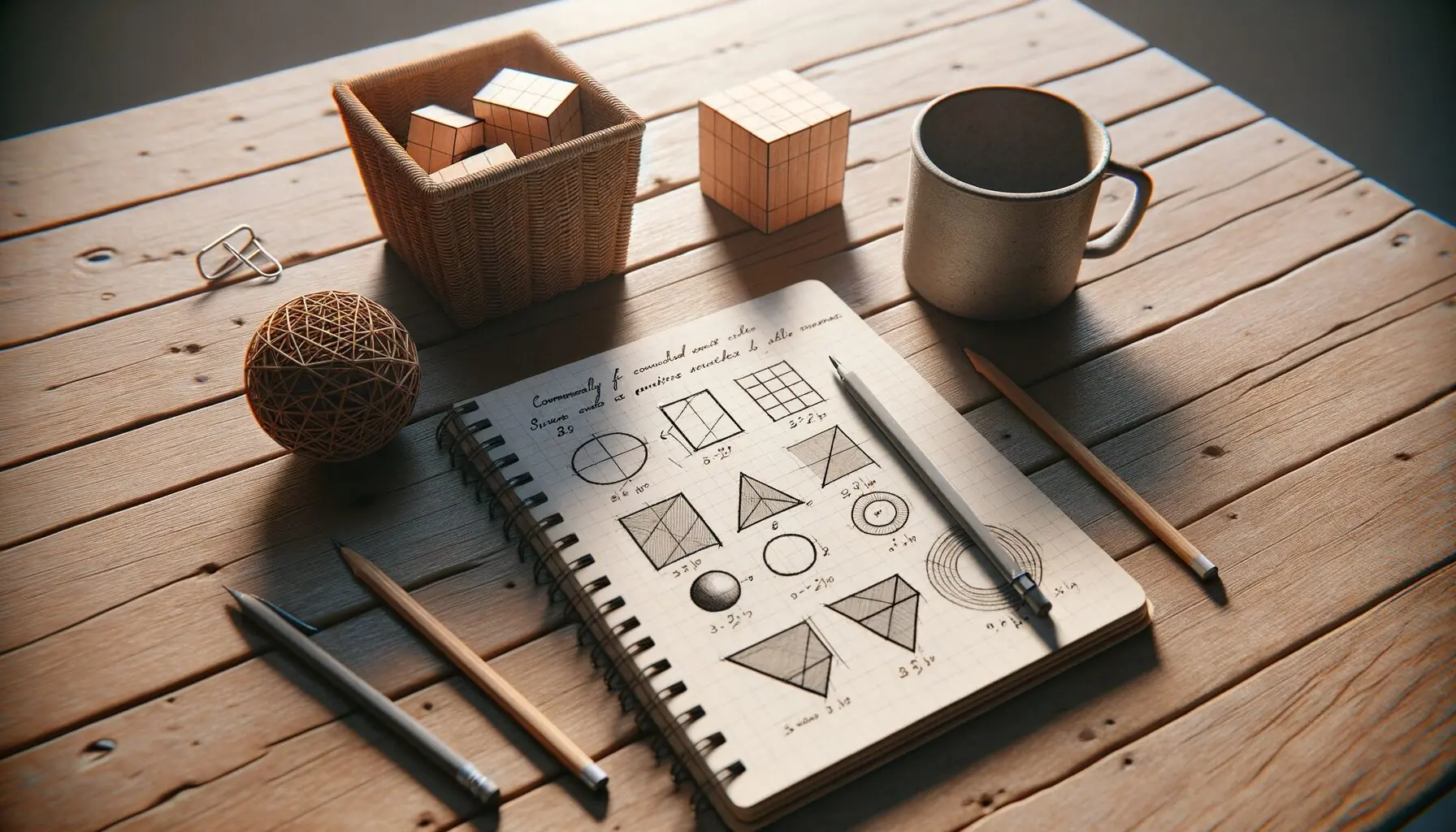 Envision a child's hand holding a notepad with sketches and notes of discovered shapes, a basket filled with small objects gathered along the hunt, like a cube-shaped block or a circular mug.