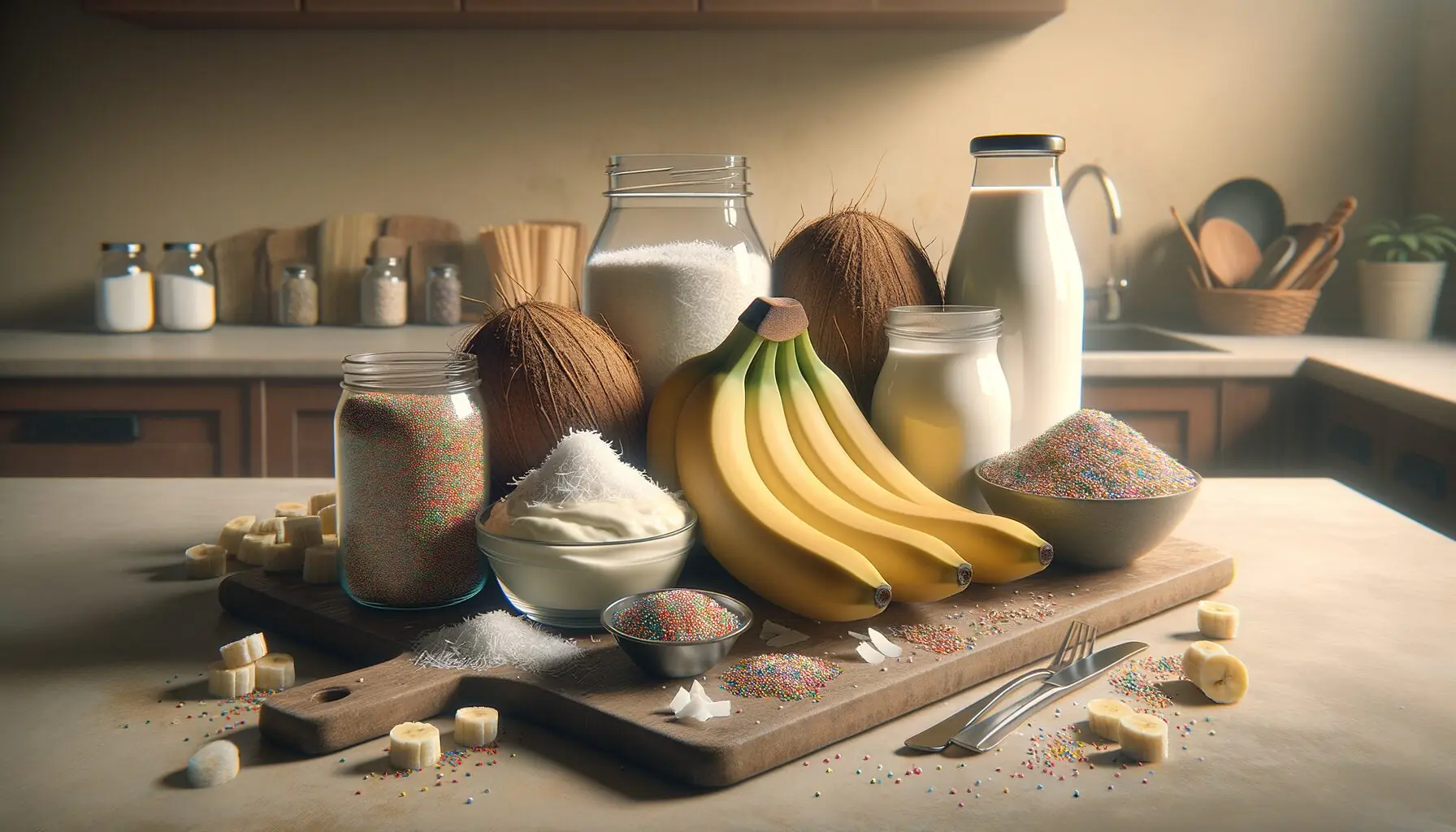Generate an image of a cozy kitchen counter with bananas, Greek yogurt, coconut flakes, and colorful sprinkles laid out.