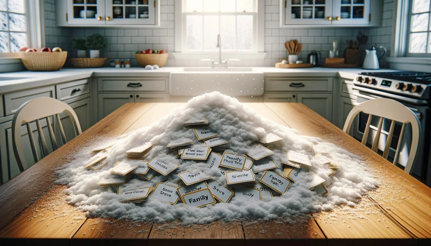 Generate an image of note cards with family trivia, partially hidden under synthetic snow.