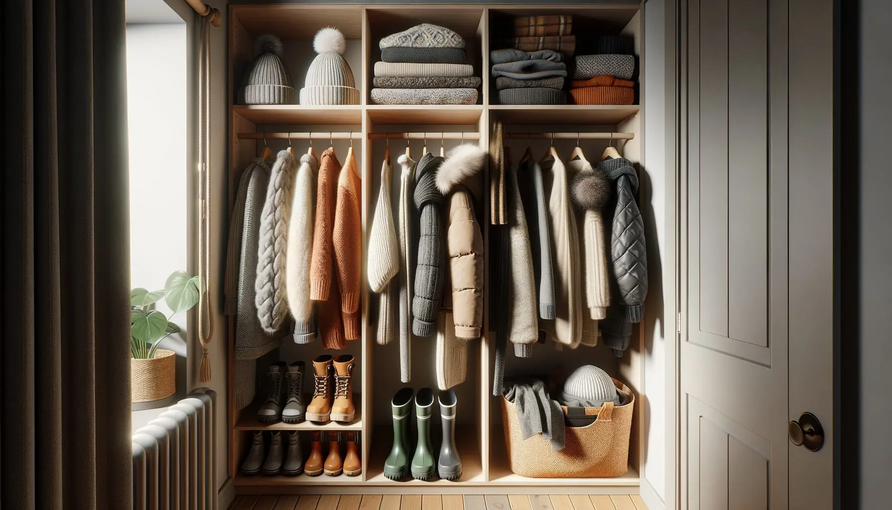 Generate an image of a closet filled with winter clothes like scarves and hats, neatly arranged.