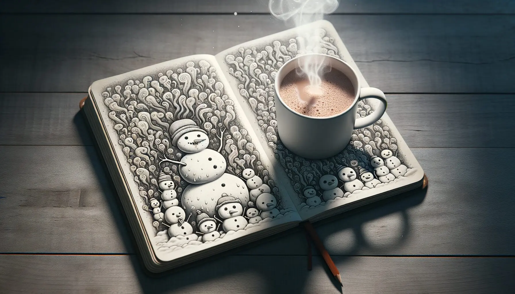Generate an image of a journal open to a page filled with doodles of melting snowmen, next to a cup of hot cocoa.