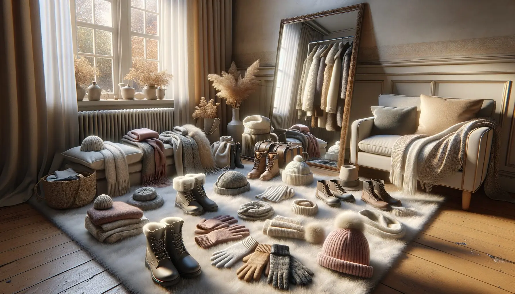 Generate an image of winter clothing items scattered on a cozy living room floor, ready for a fashion show.