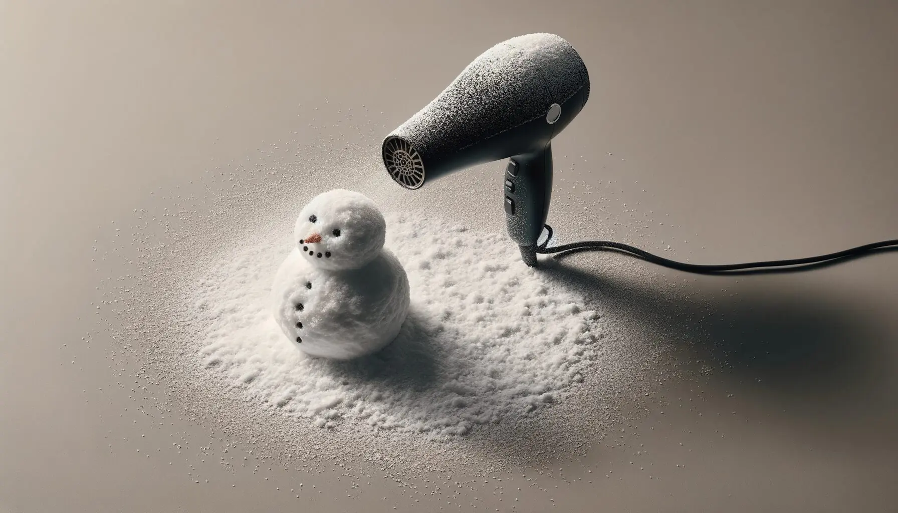 Generate an image of a small snowman with a sprinkling of salt on top and a hairdryer pointed at it.
