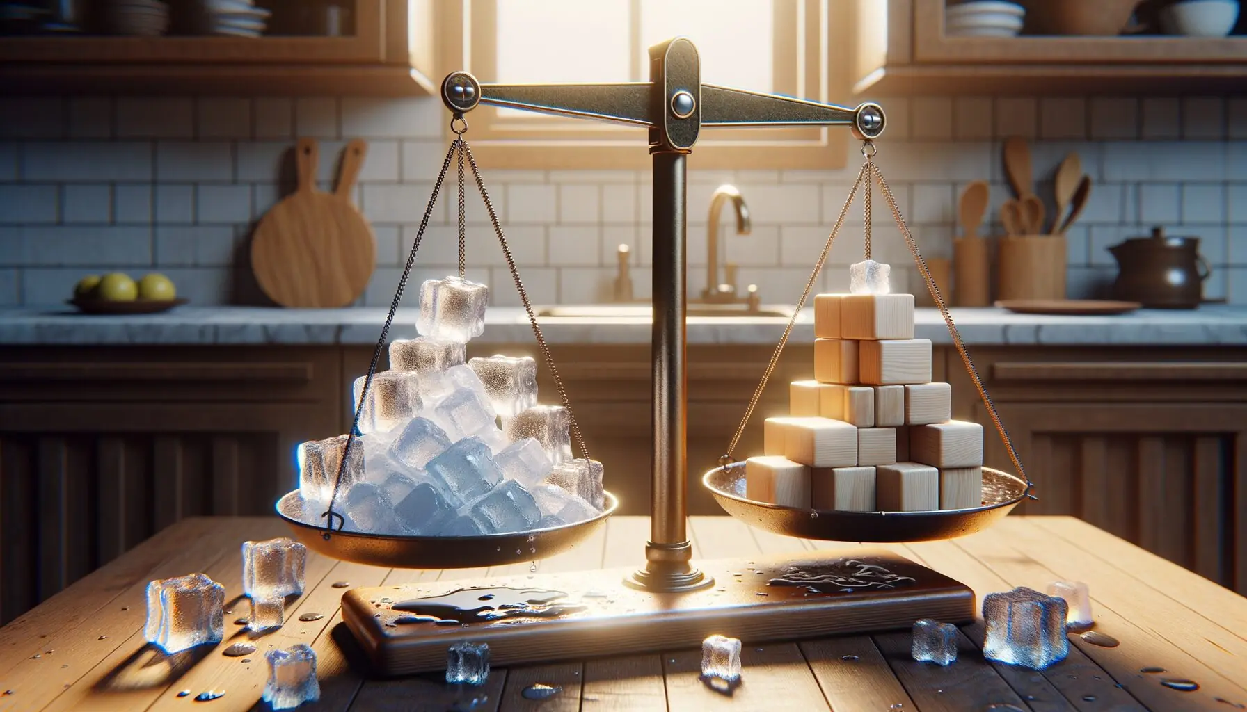 Illustrate a balance scale with melting ice cubes and stable building blocks on either side.