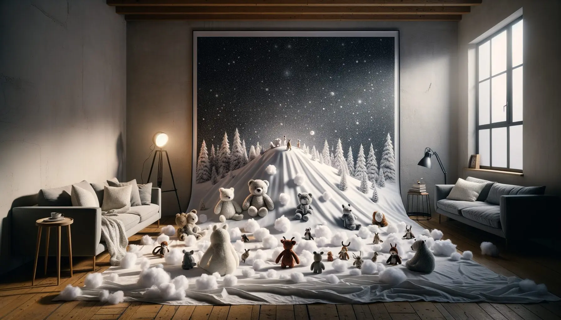 Generate an image showing a close-up of plush animals arranged on a white bedsheet with scattered cotton balls, reminiscent of a playful snowy landscape.