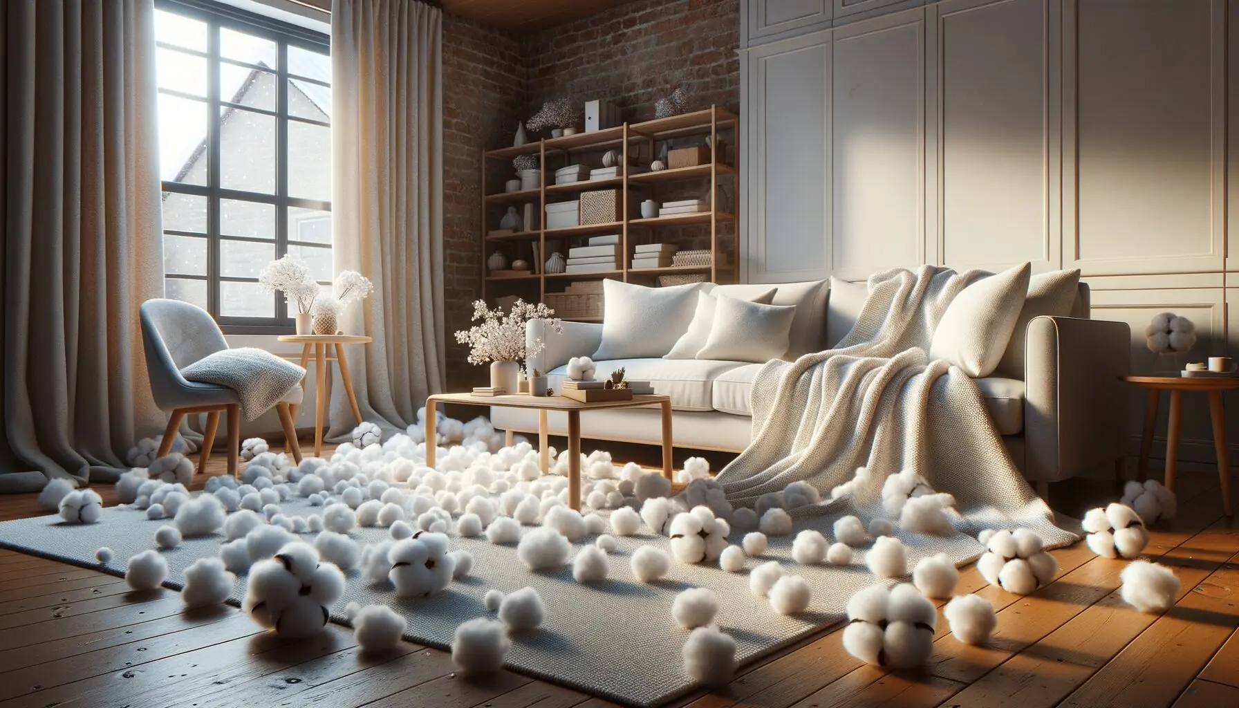 Generate an image of a cozy living room with a white blanket spread out, resembling snow, and cotton balls scattered across it.