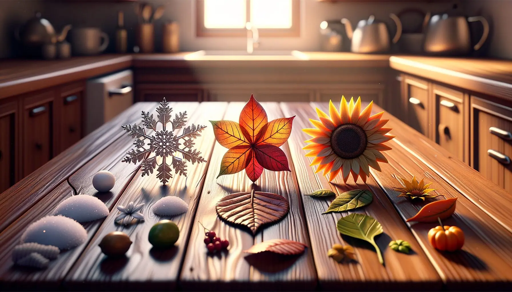 Generate an image of a sunny field with various seasonal symbols like a snowflake, a leaf, a flower, and a sun.