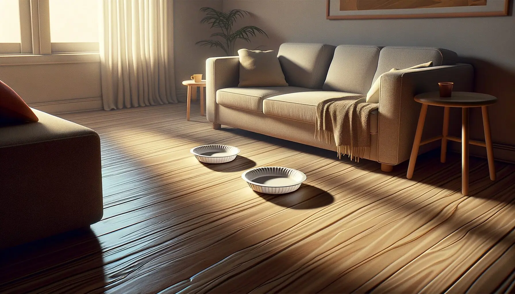 Generate an image of a cozy living room with paper plates on a wooden floor, ready for skating.